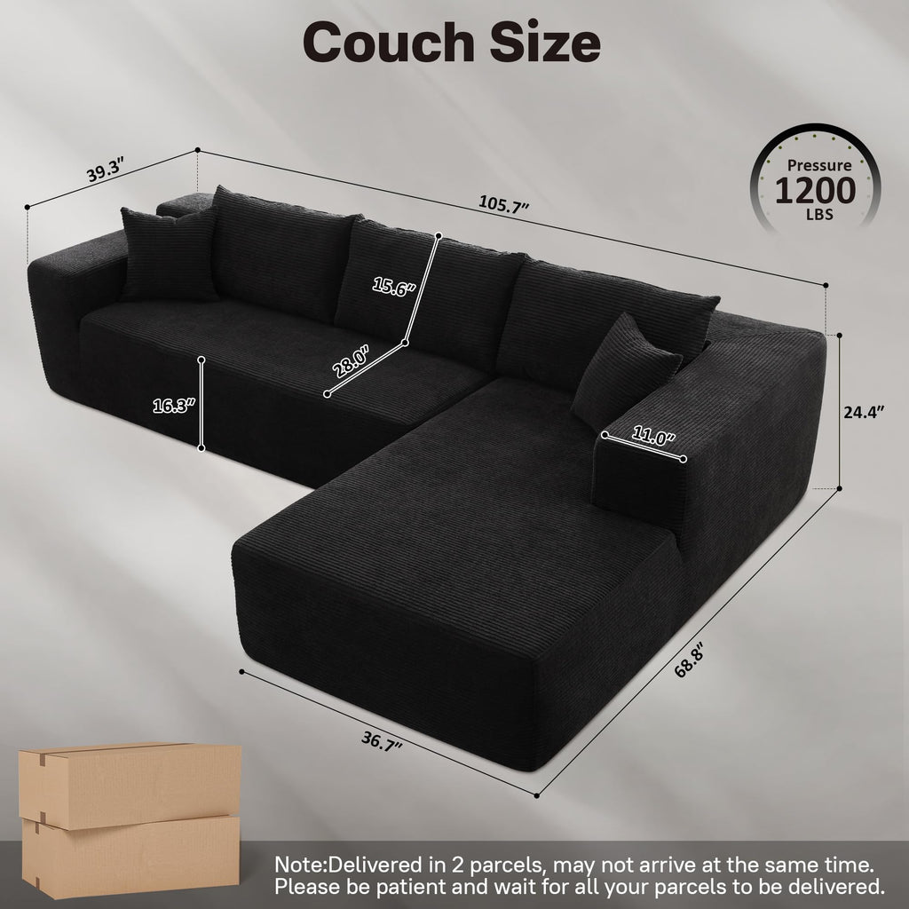 TriVolt 104" L-Shape Modular Couch with Chaise, Plush Corduroy Fabric, No Assembly Required