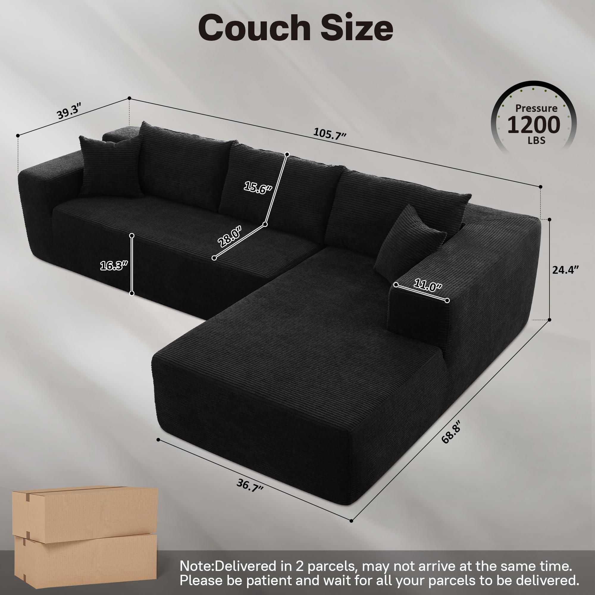 TriVolt 104" L-Shape Modular Couch with Chaise, Plush Corduroy Fabric, No Assembly Required