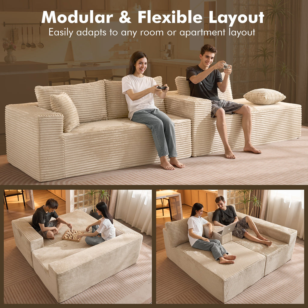 TriVolt 104" L-Shape Modular Couch with Chaise, Plush Corduroy Fabric, No Assembly Required
