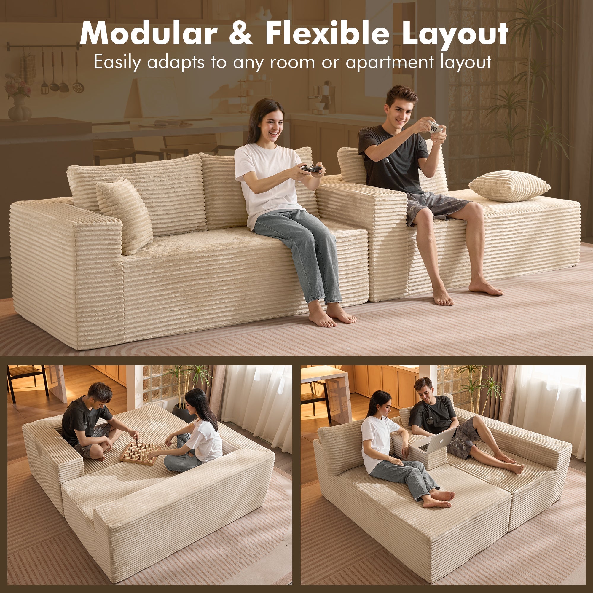 TriVolt 104" L-Shape Modular Couch with Chaise, Plush Corduroy Fabric, No Assembly Required