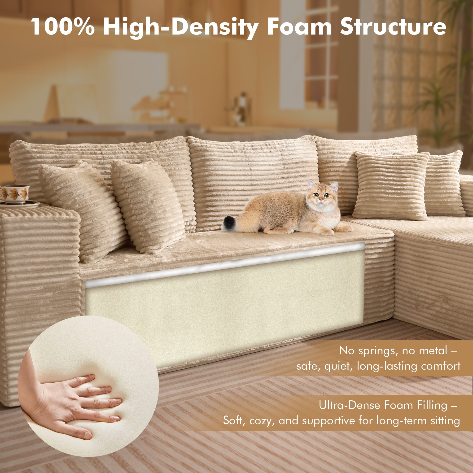 TriVolt 104" L-Shape Modular Couch with Chaise, Plush Corduroy Fabric, No Assembly Required