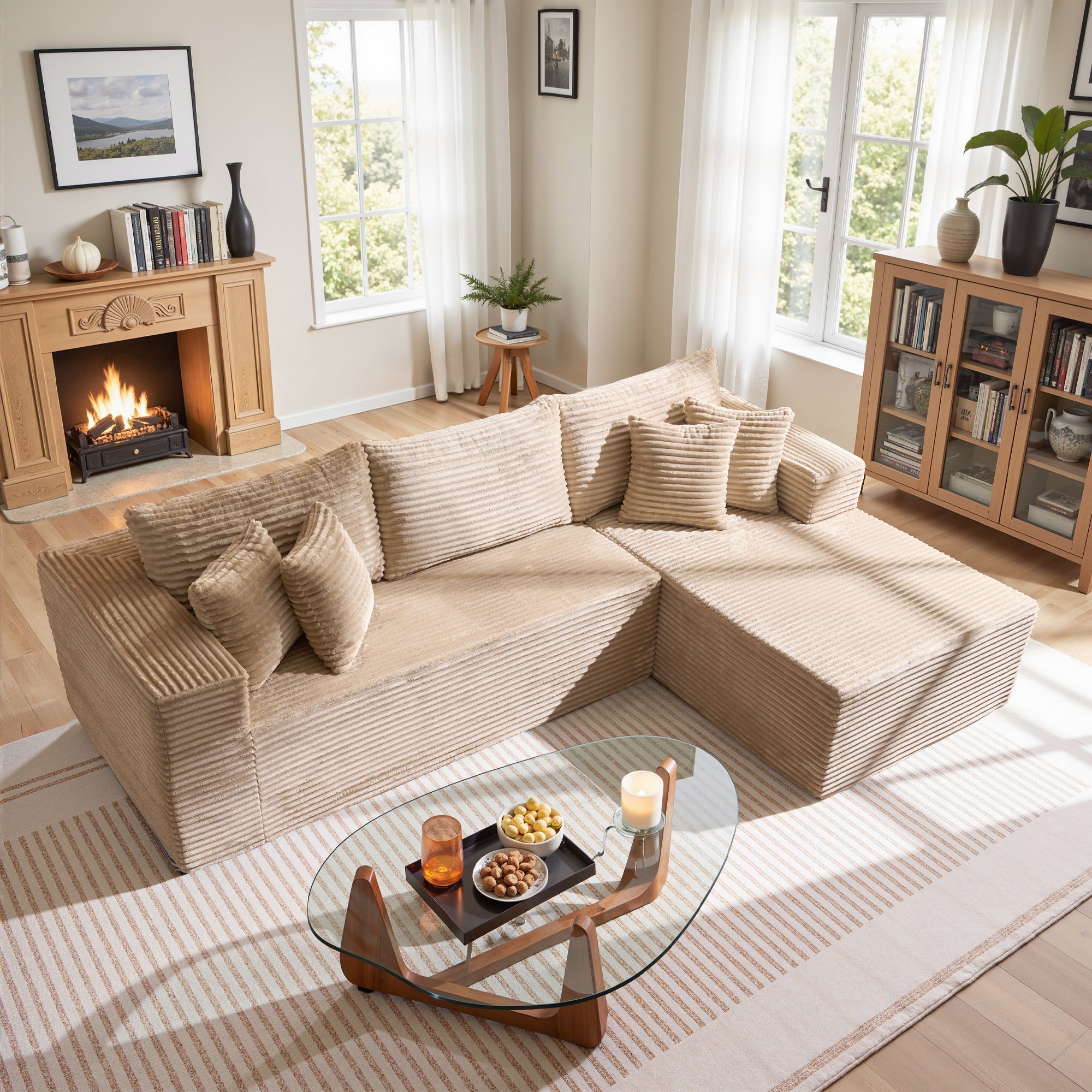 TriVolt 104" L-Shape Modular Couch with Chaise, Plush Corduroy Fabric, No Assembly Required