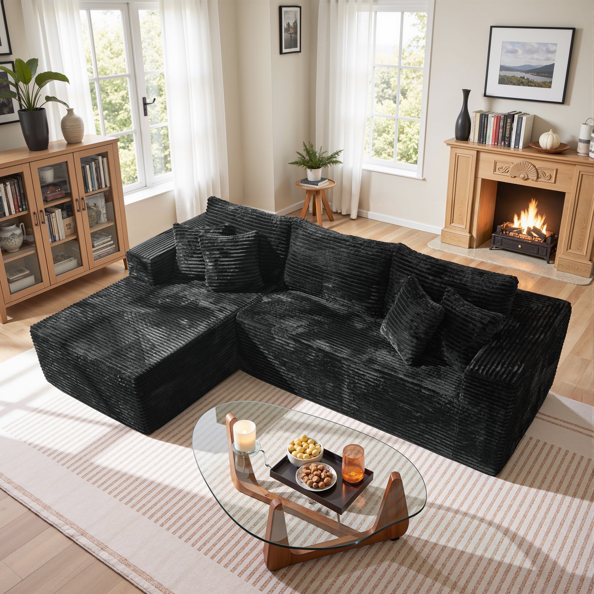 TriVolt 104" L-Shape Modular Couch with Chaise, Plush Corduroy Fabric, No Assembly Required