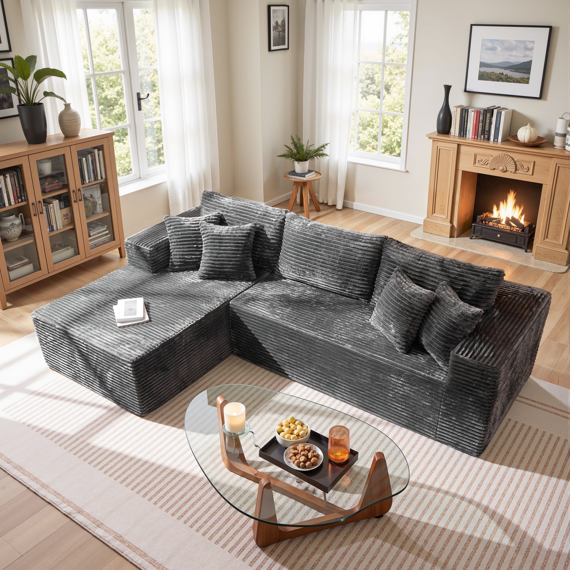 TriVolt 104" L-Shape Modular Couch with Chaise, Plush Corduroy Fabric, No Assembly Required