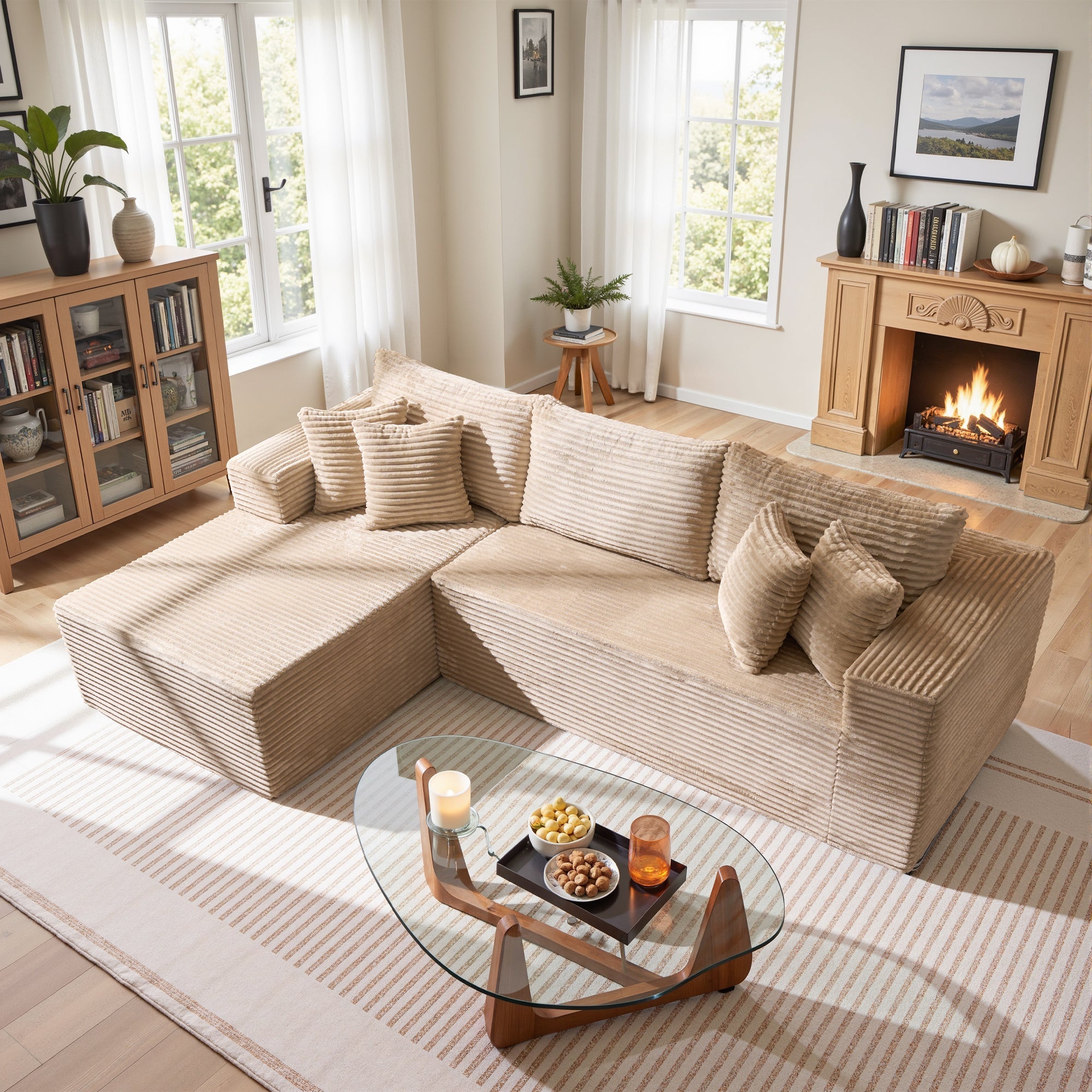 TriVolt 104" L-Shape Modular Couch with Chaise, Plush Corduroy Fabric, No Assembly Required