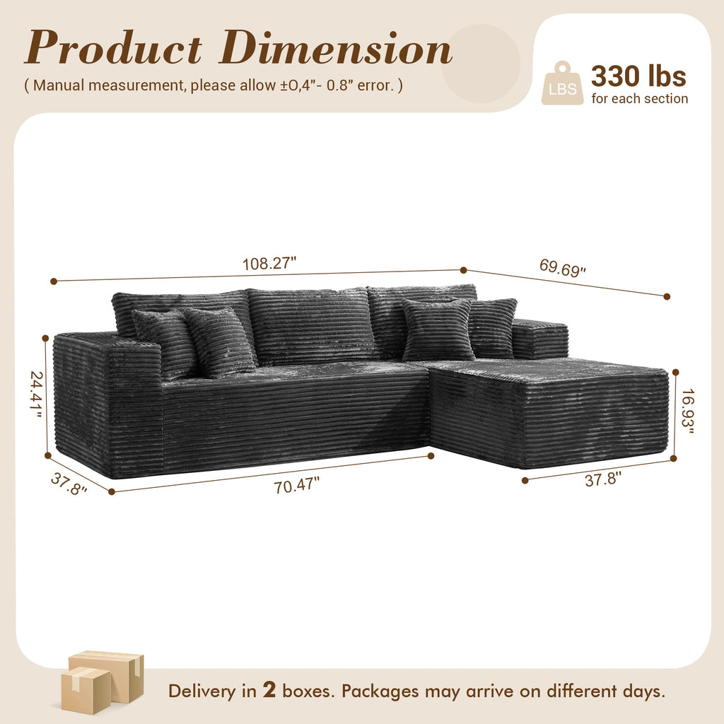 TriVolt 104" L-Shape Modular Couch with Chaise, Plush Corduroy Fabric, No Assembly Required
