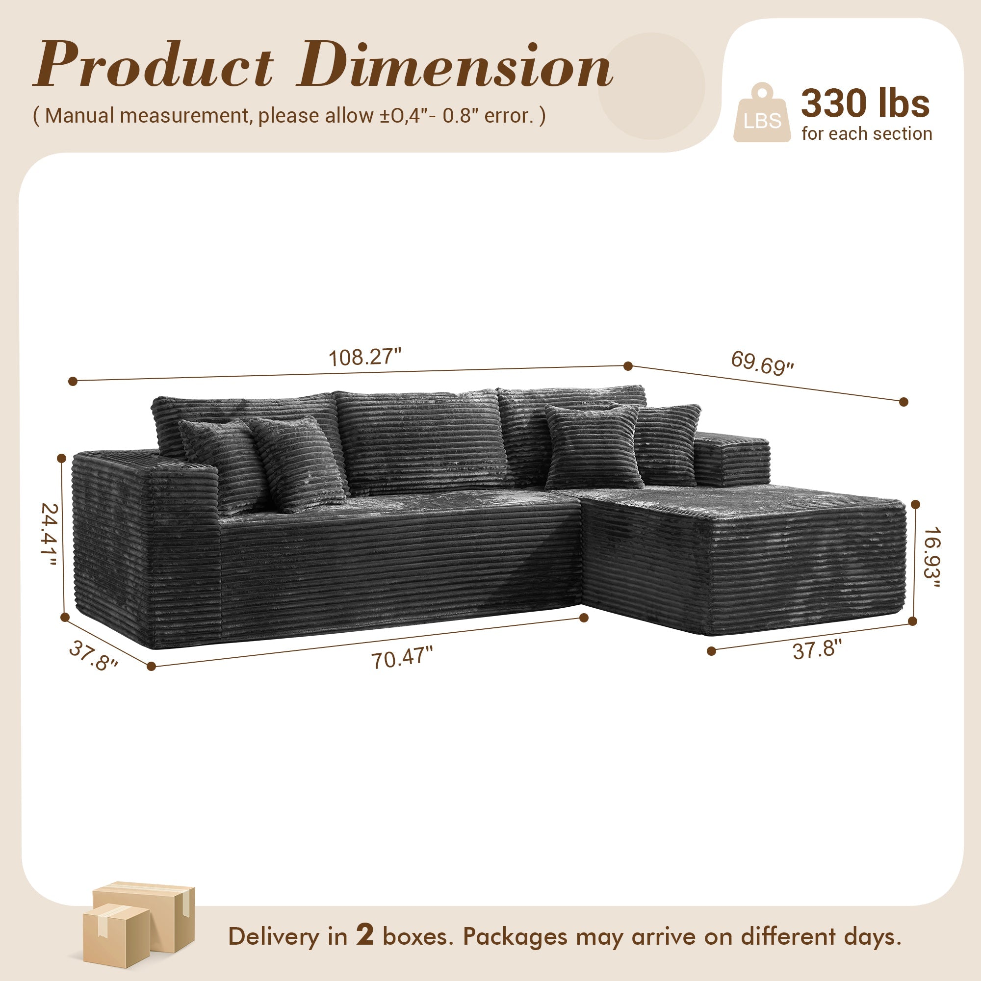 TriVolt 104" L-Shape Modular Couch with Chaise, Plush Corduroy Fabric, No Assembly Required