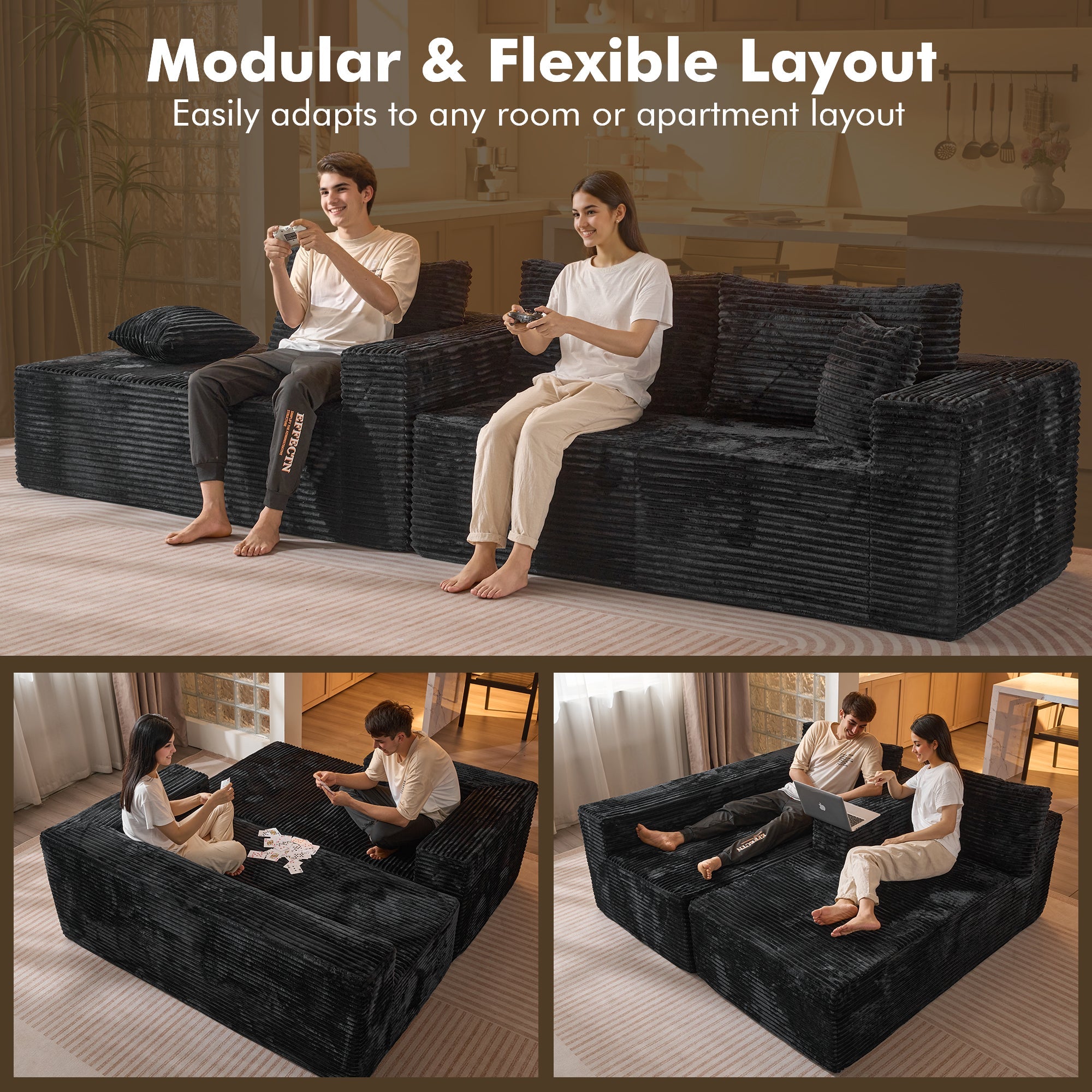 TriVolt 104" L-Shape Modular Couch with Chaise, Plush Corduroy Fabric, No Assembly Required
