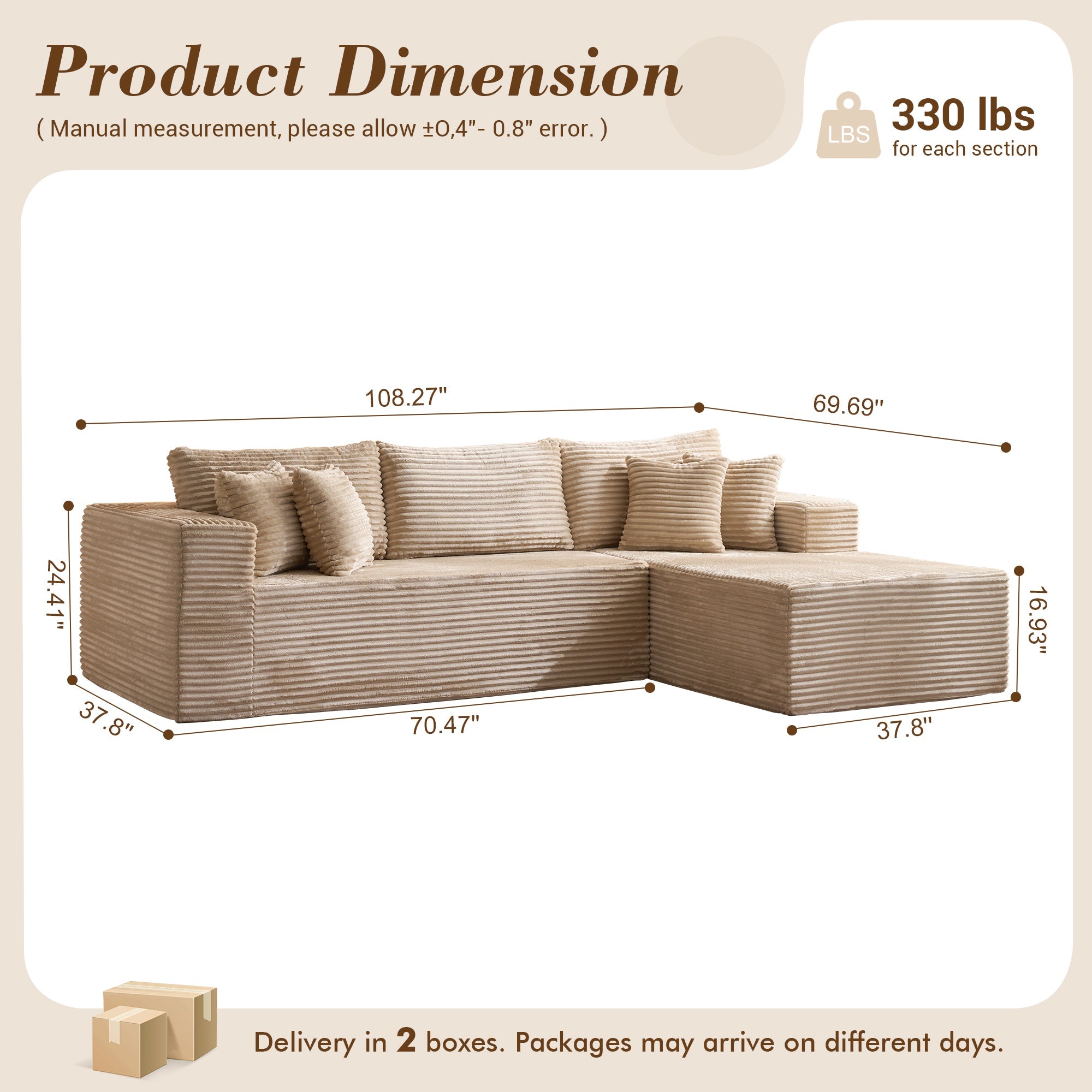 TriVolt 104" L-Shape Modular Couch with Chaise, Plush Corduroy Fabric, No Assembly Required