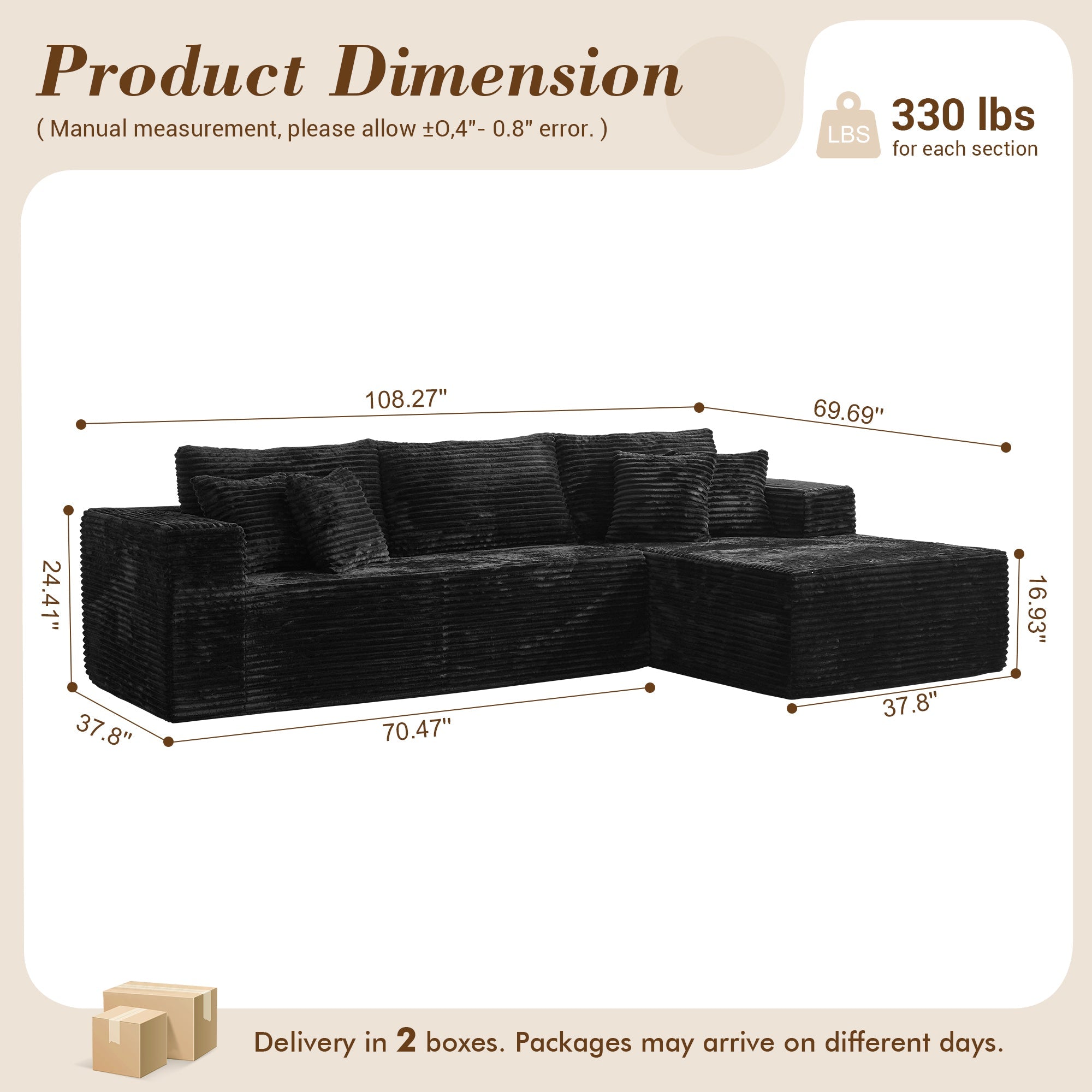 TriVolt 104" L-Shape Modular Couch with Chaise, Plush Corduroy Fabric, No Assembly Required