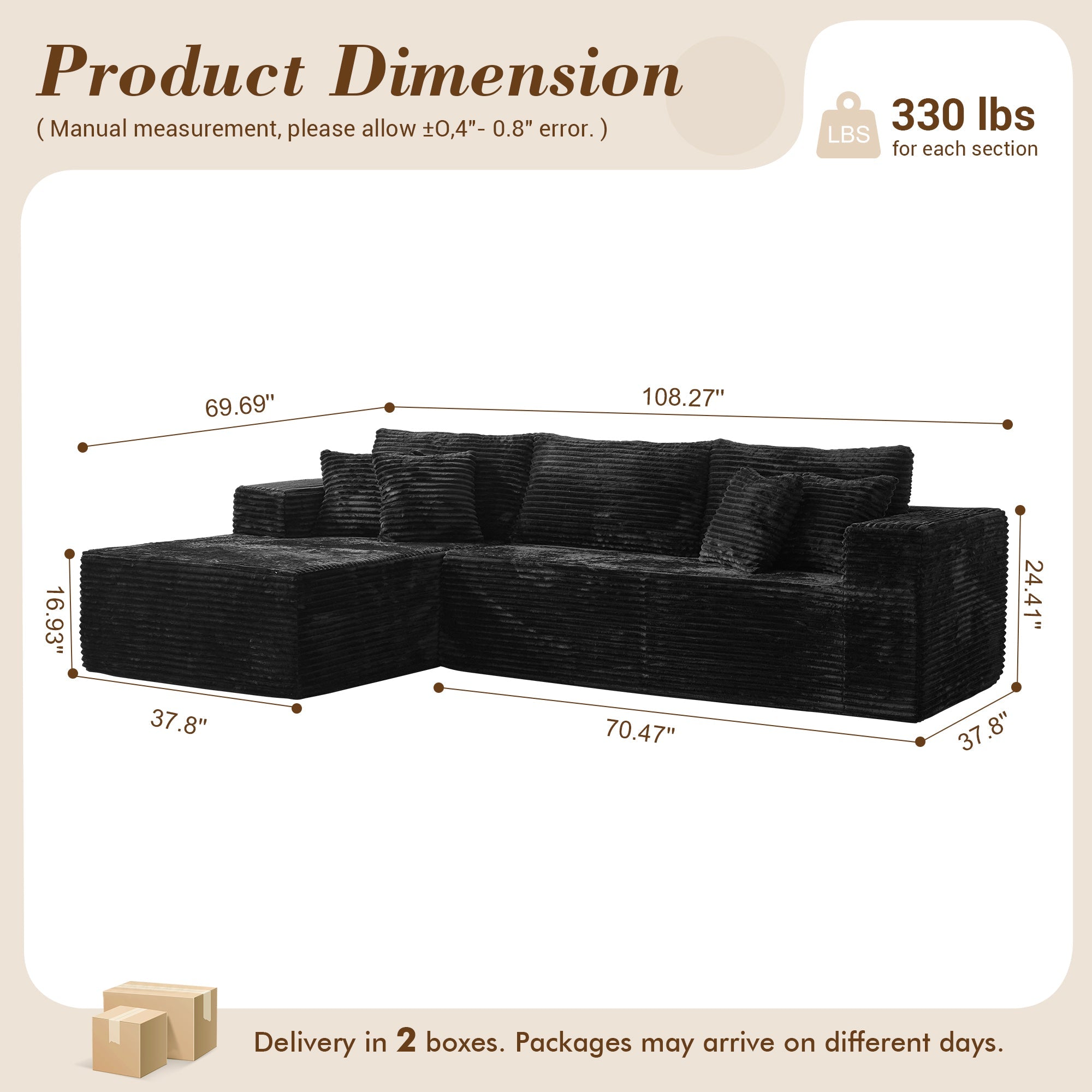TriVolt 104" L-Shape Modular Couch with Chaise, Plush Corduroy Fabric, No Assembly Required