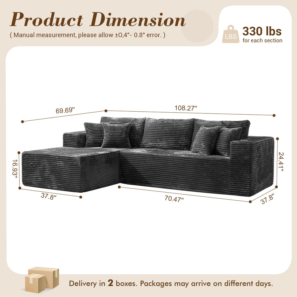 TriVolt 104" L-Shape Modular Couch with Chaise, Plush Corduroy Fabric, No Assembly Required