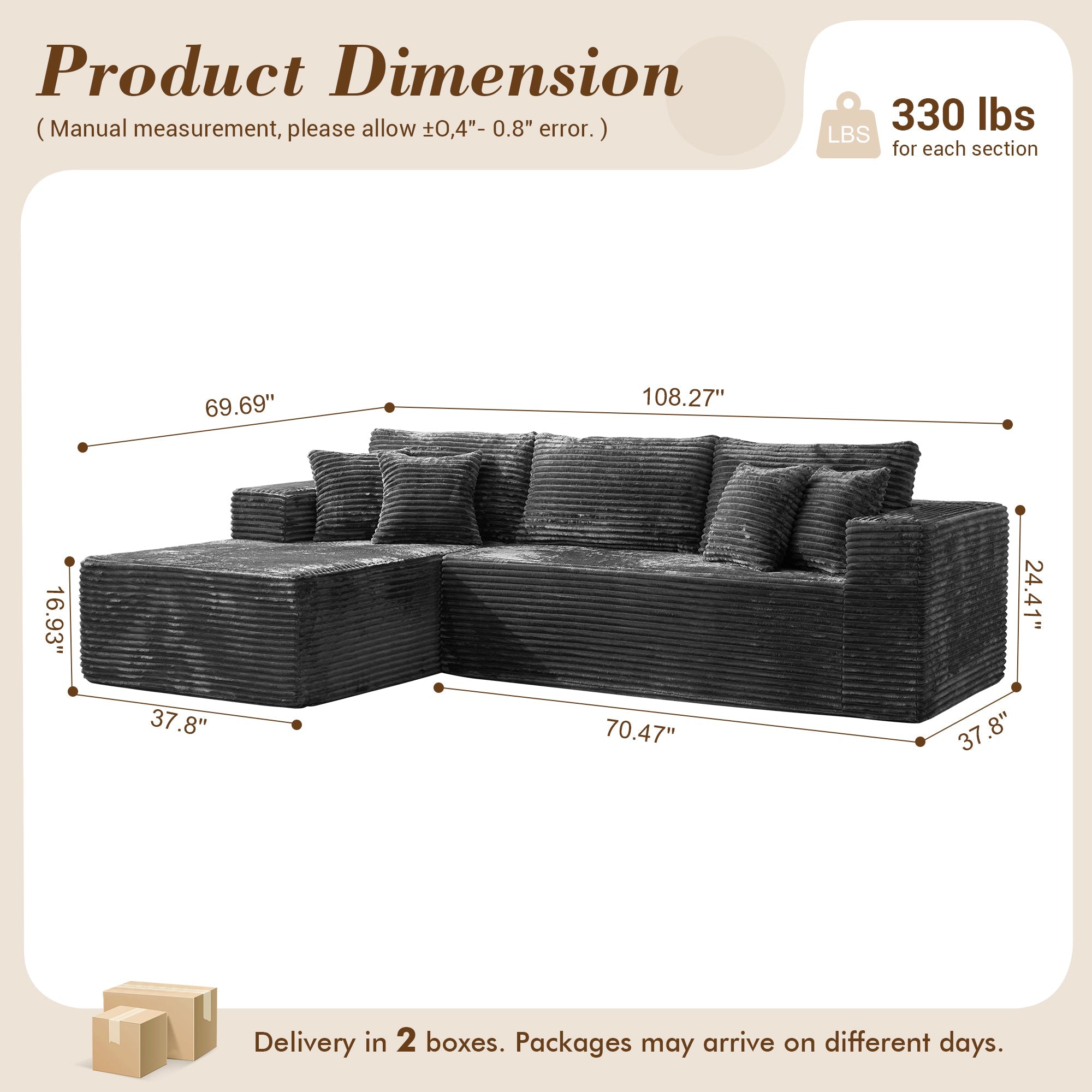 TriVolt 104" L-Shape Modular Couch with Chaise, Plush Corduroy Fabric, No Assembly Required