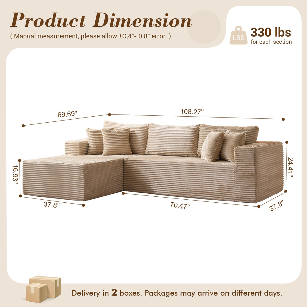 TriVolt 104" L-Shape Modular Couch with Chaise, Plush Corduroy Fabric, No Assembly Required