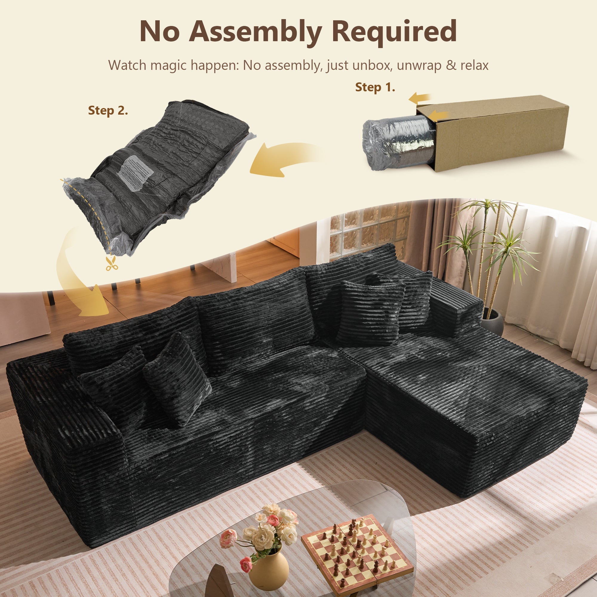 TriVolt 104" L-Shape Modular Couch with Chaise, Plush Corduroy Fabric, No Assembly Required