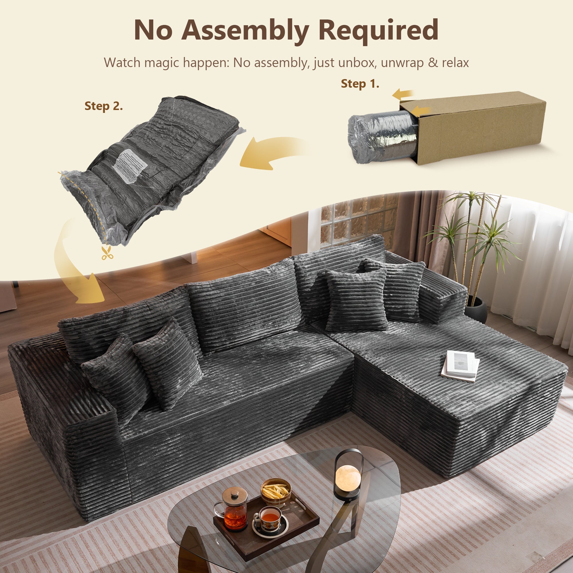 TriVolt 104" L-Shape Modular Couch with Chaise, Plush Corduroy Fabric, No Assembly Required