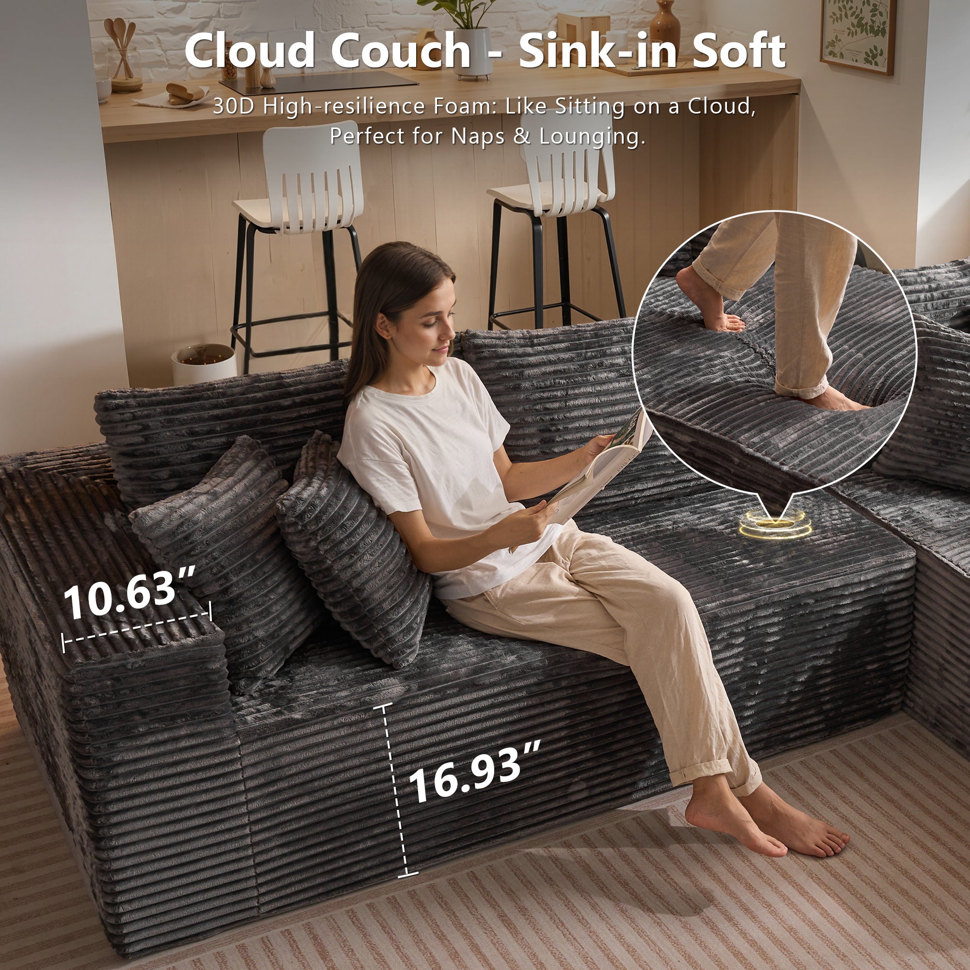 TriVolt 104" L-Shape Modular Couch with Chaise, Plush Corduroy Fabric, No Assembly Required