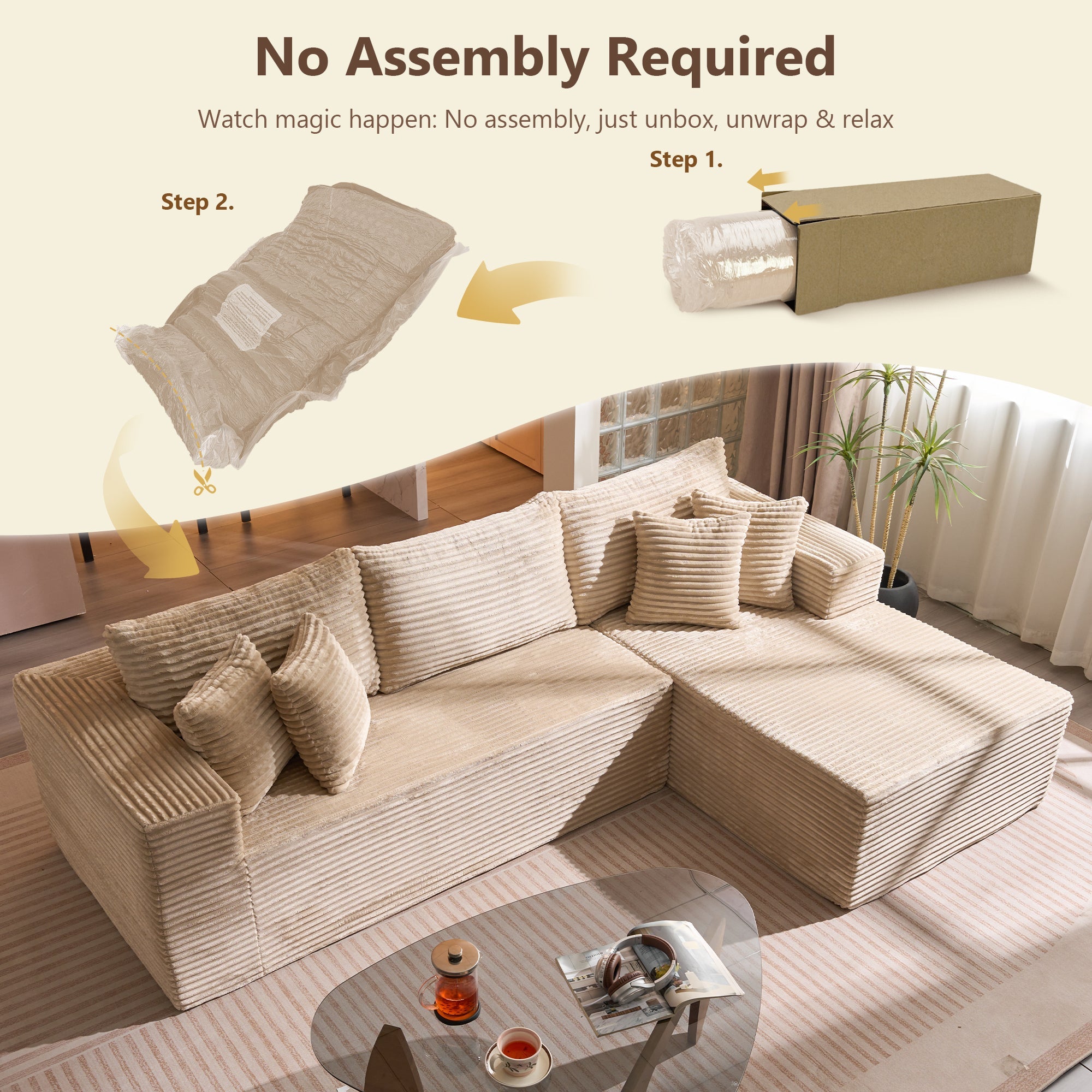 TriVolt 104" L-Shape Modular Couch with Chaise, Plush Corduroy Fabric, No Assembly Required