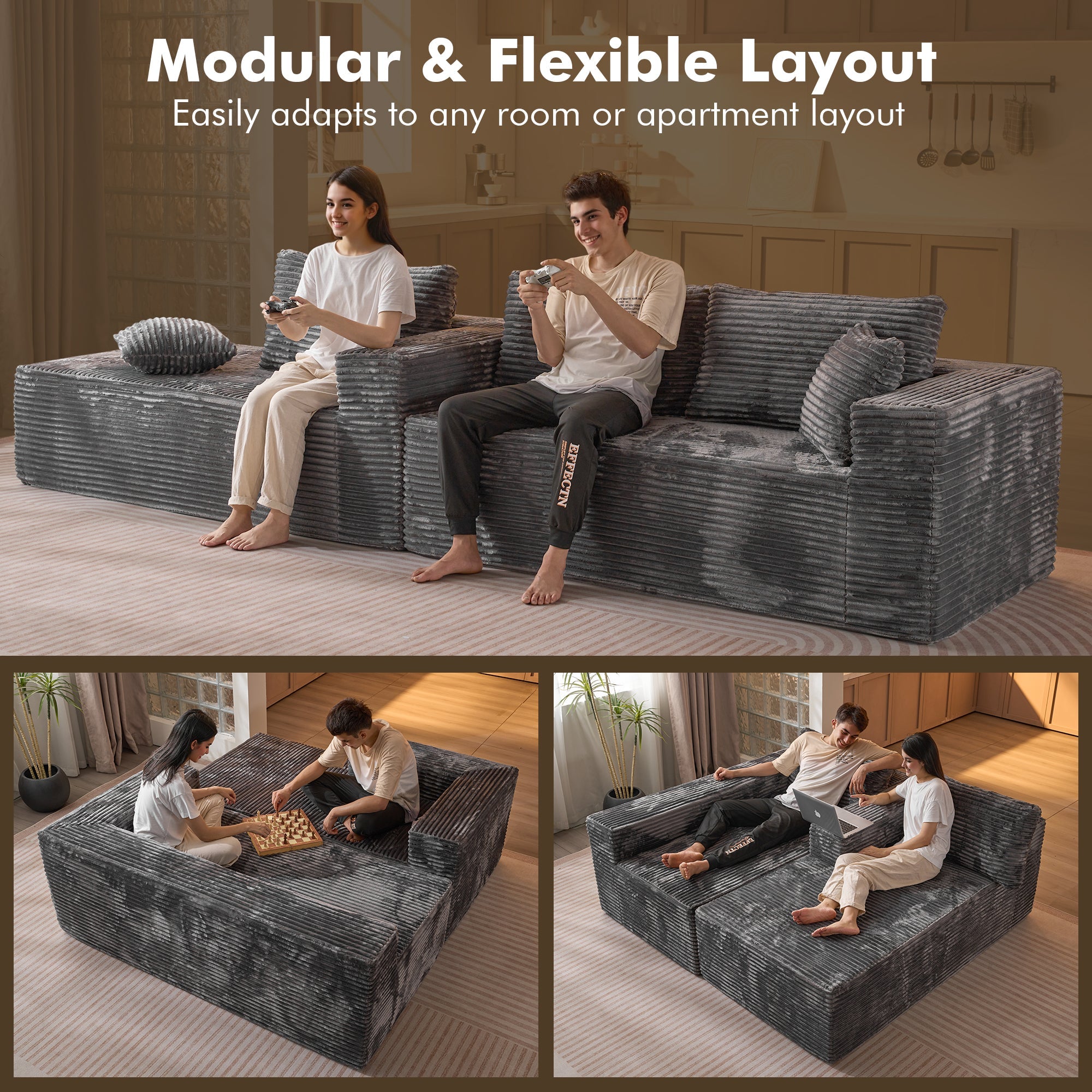 TriVolt 104" L-Shape Modular Couch with Chaise, Plush Corduroy Fabric, No Assembly Required