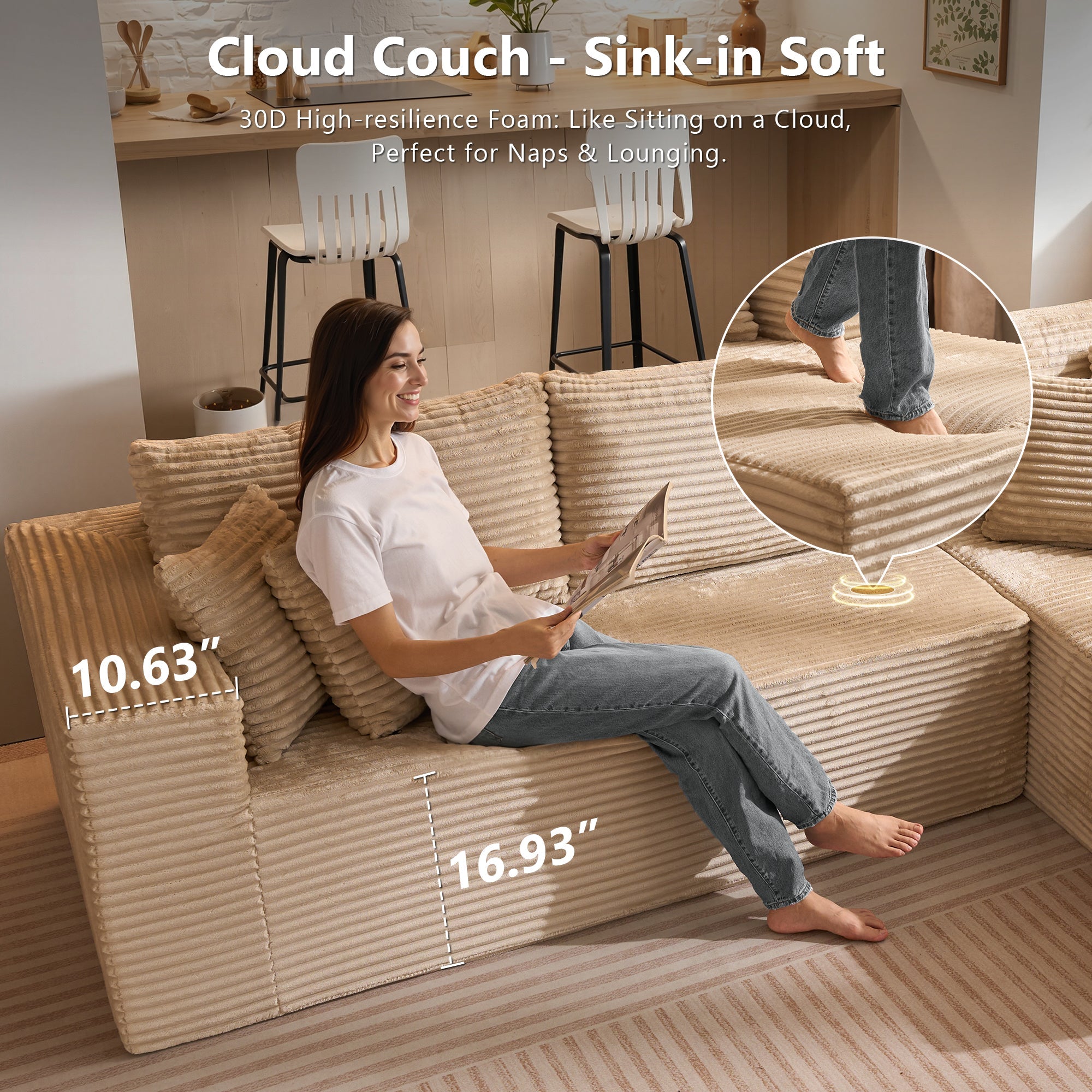 TriVolt 104" L-Shape Modular Couch with Chaise, Plush Corduroy Fabric, No Assembly Required