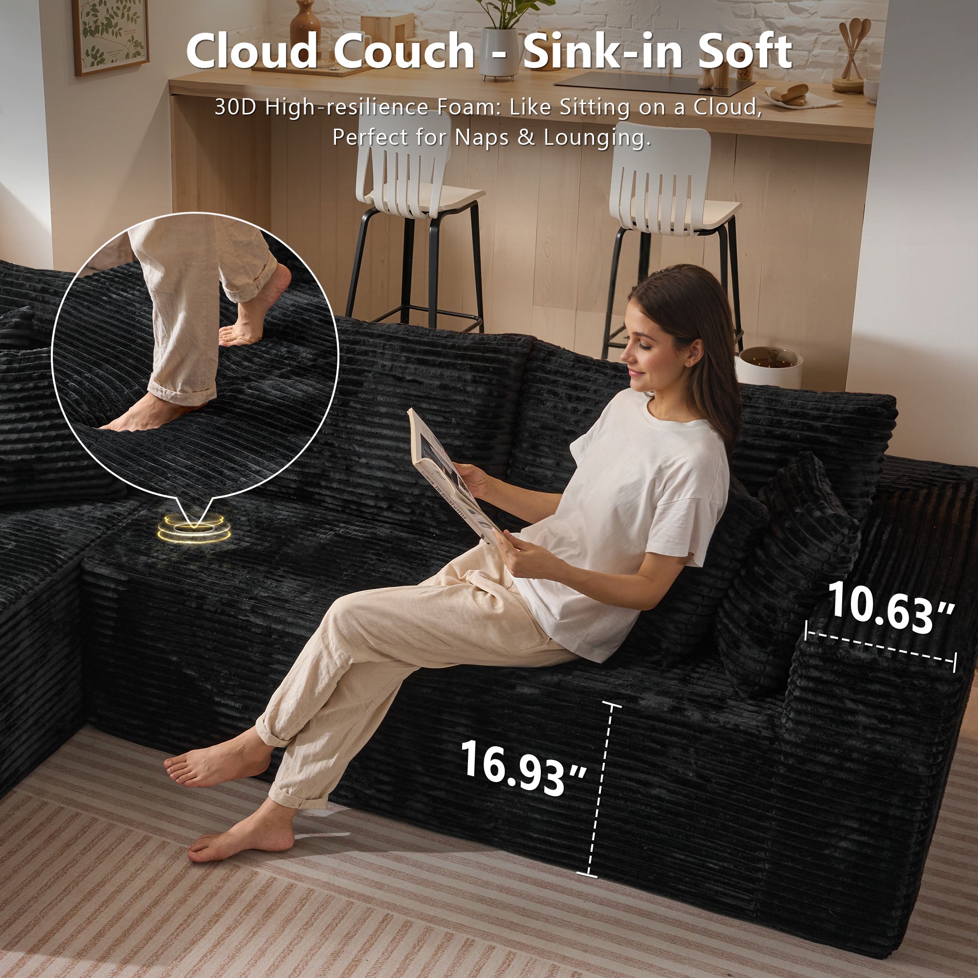TriVolt 104" L-Shape Modular Couch with Chaise, Plush Corduroy Fabric, No Assembly Required