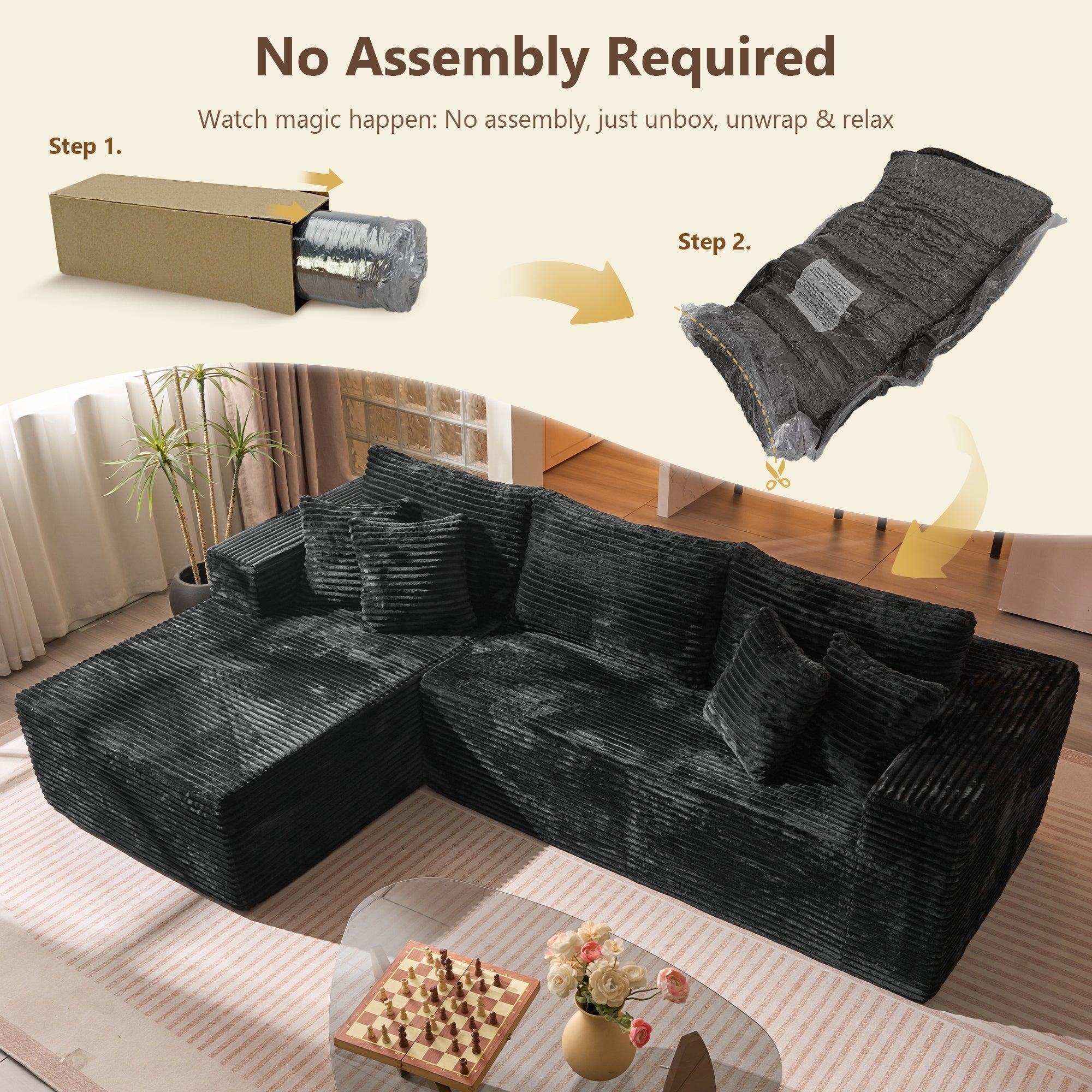 TriVolt 104" L-Shape Modular Couch with Chaise, Plush Corduroy Fabric, No Assembly Required