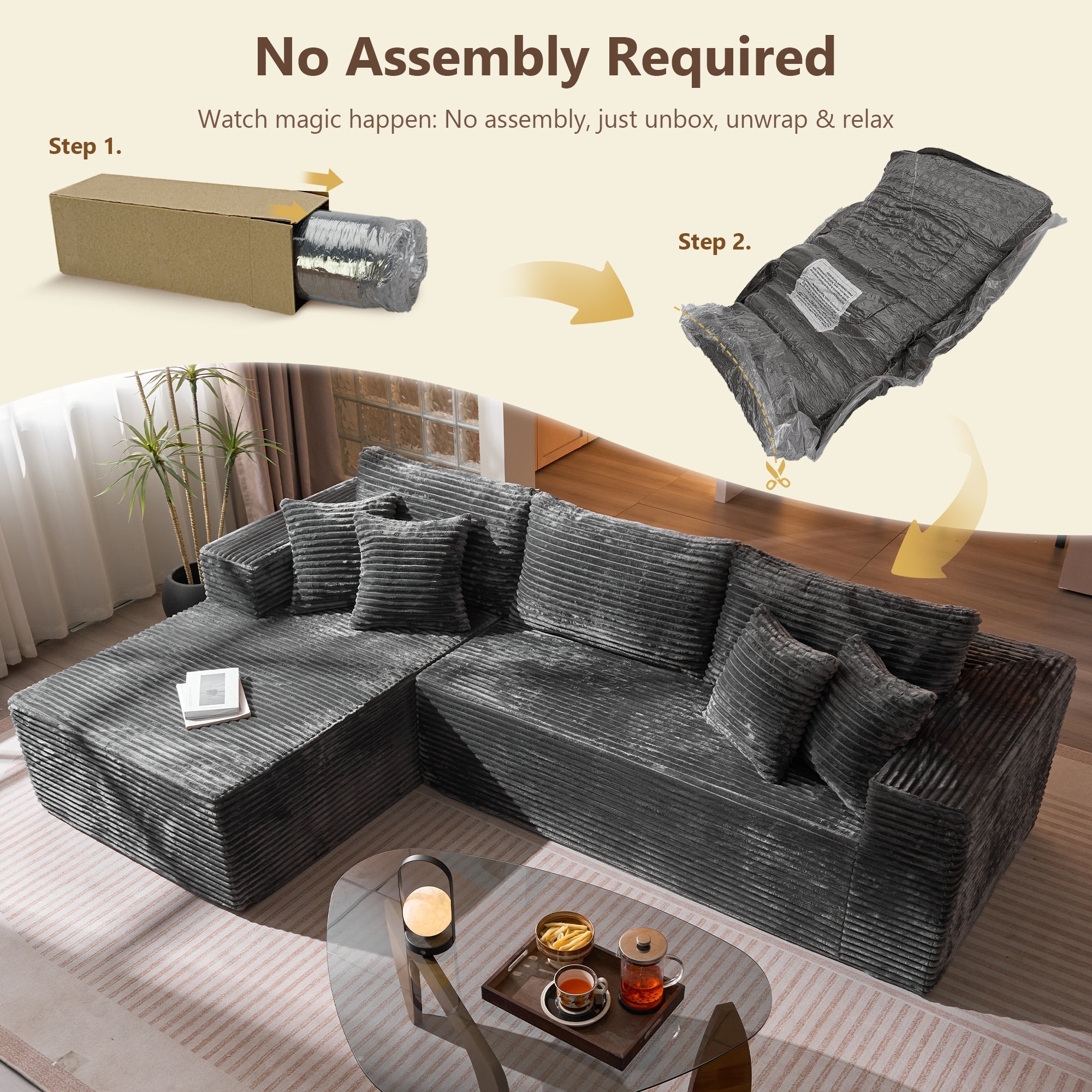 TriVolt 104" L-Shape Modular Couch with Chaise, Plush Corduroy Fabric, No Assembly Required