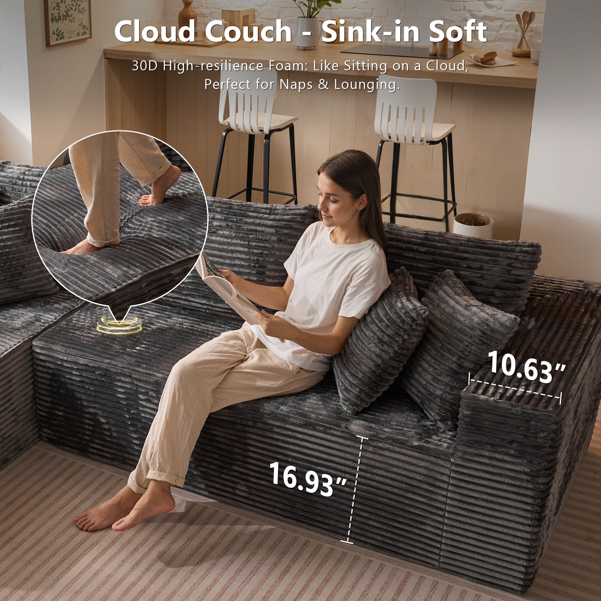 TriVolt 104" L-Shape Modular Couch with Chaise, Plush Corduroy Fabric, No Assembly Required