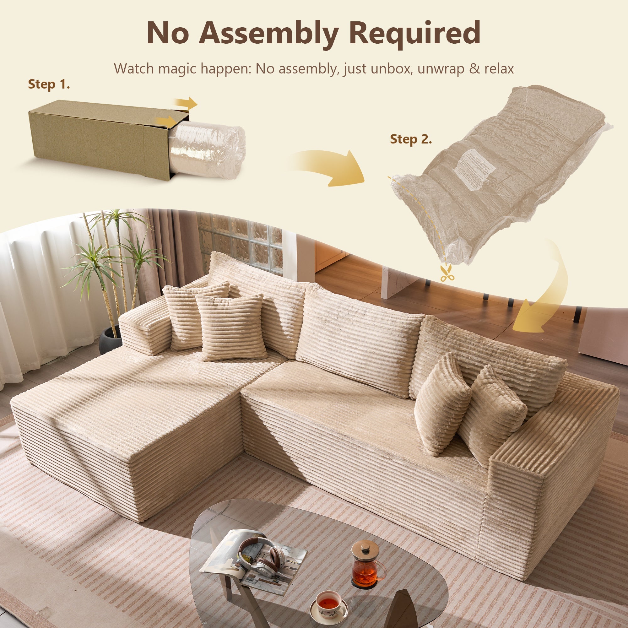 TriVolt 104" L-Shape Modular Couch with Chaise, Plush Corduroy Fabric, No Assembly Required
