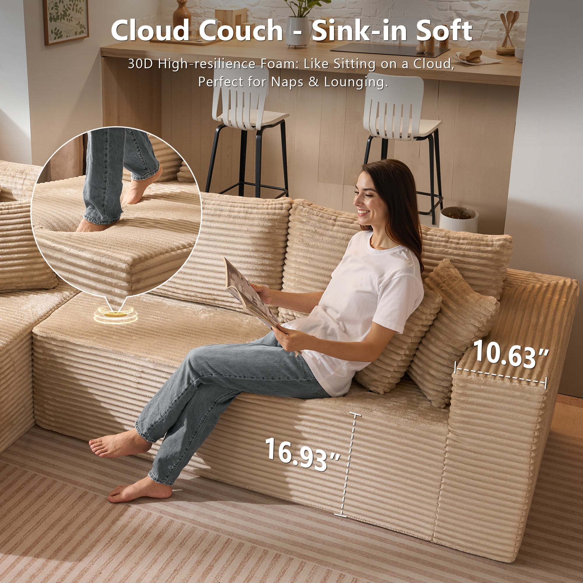 TriVolt 104" L-Shape Modular Couch with Chaise, Plush Corduroy Fabric, No Assembly Required
