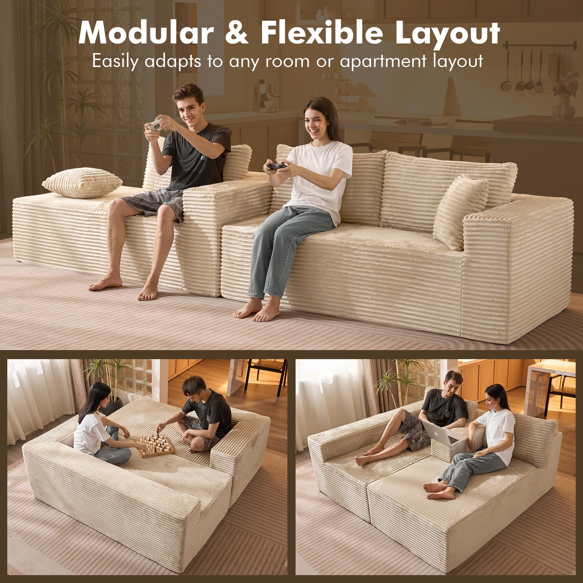 TriVolt 104" L-Shape Modular Couch with Chaise, Plush Corduroy Fabric, No Assembly Required