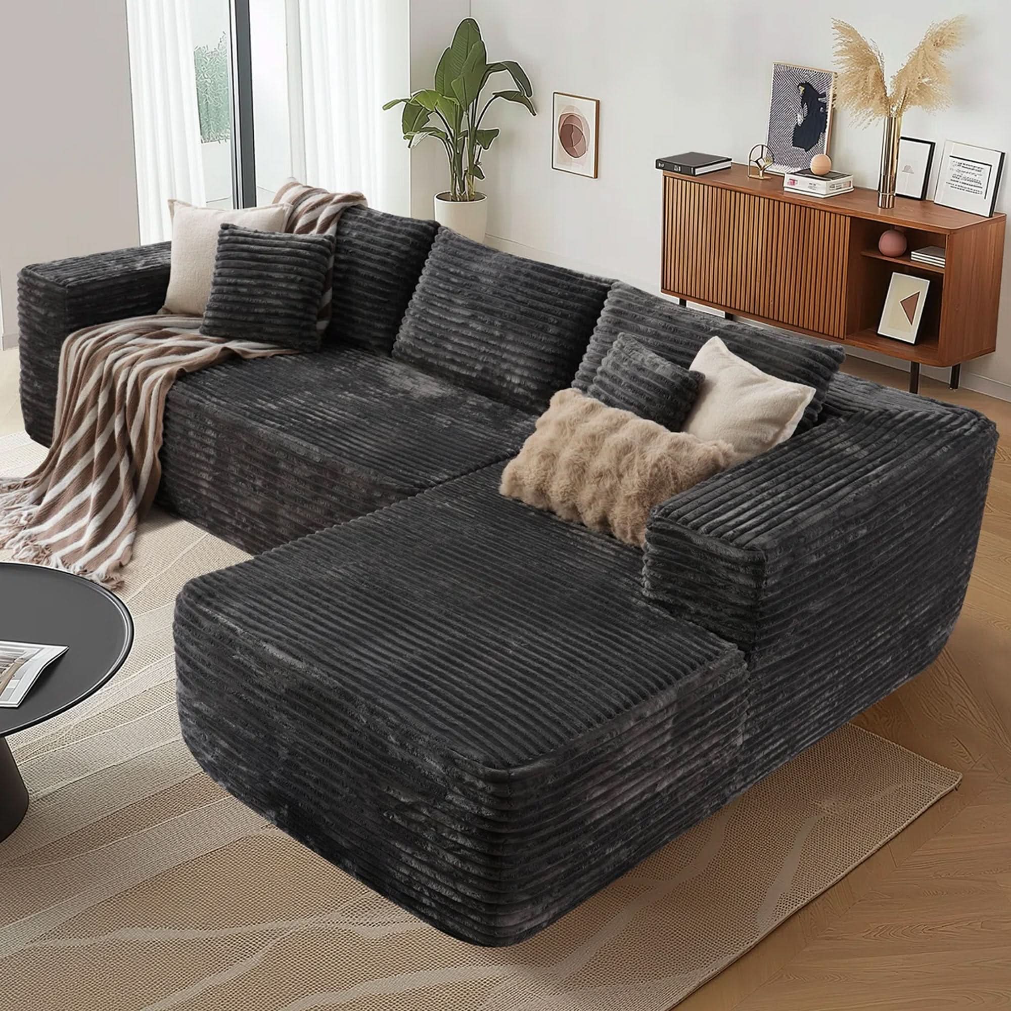 TriVolt 104" L-Shape Modular Couch with Chaise, Plush Corduroy Fabric, No Assembly Required