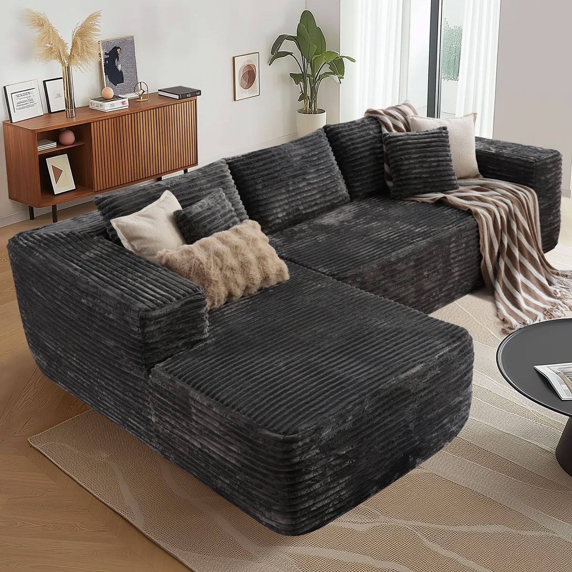 TriVolt 104" L-Shape Modular Couch with Chaise, Plush Corduroy Fabric, No Assembly Required