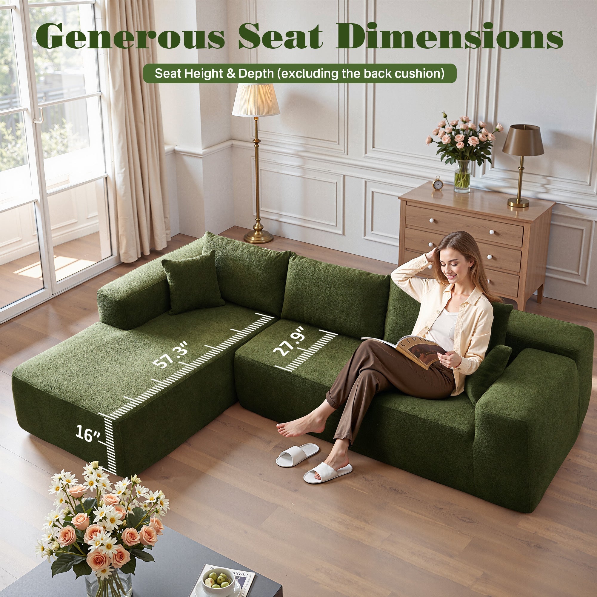 TriVolt 104" L-Shape Modular Couch with Chaise, Plush Corduroy Fabric, No Assembly Required