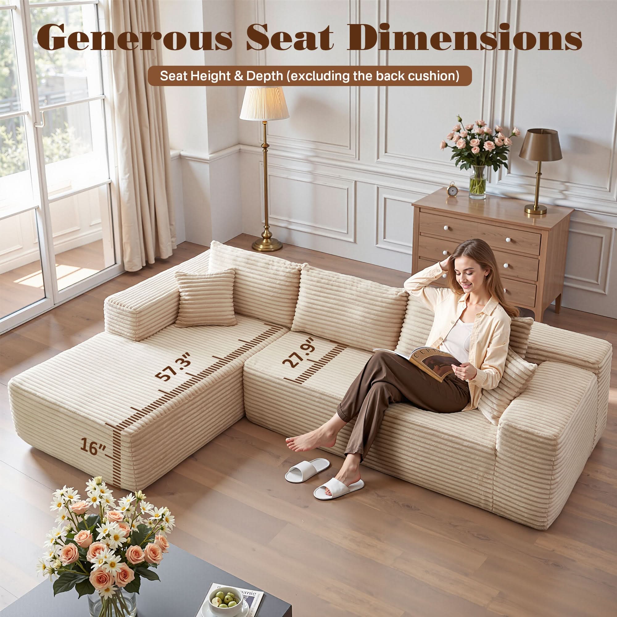 TriVolt 104" L-Shape Modular Couch with Chaise, Plush Corduroy Fabric, No Assembly Required