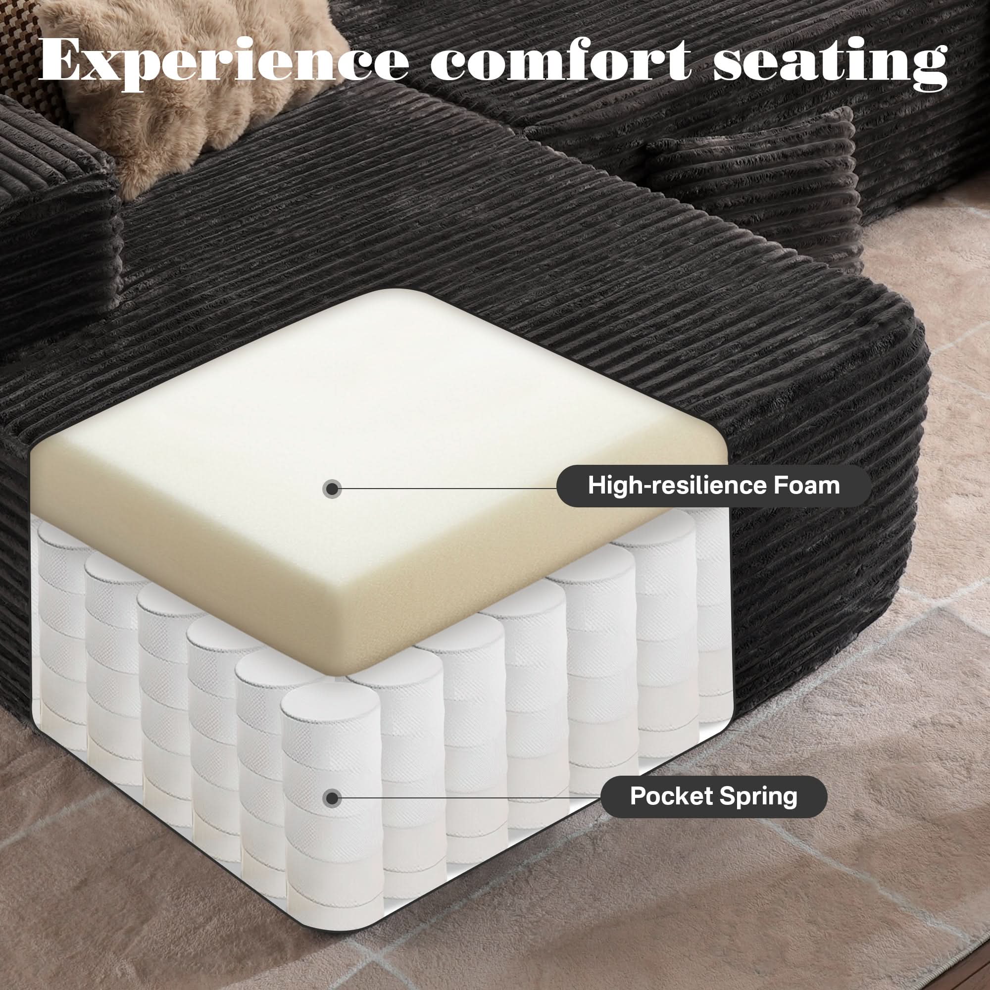 TriVolt 104" L-Shape Modular Couch with Chaise, Plush Corduroy Fabric, No Assembly Required