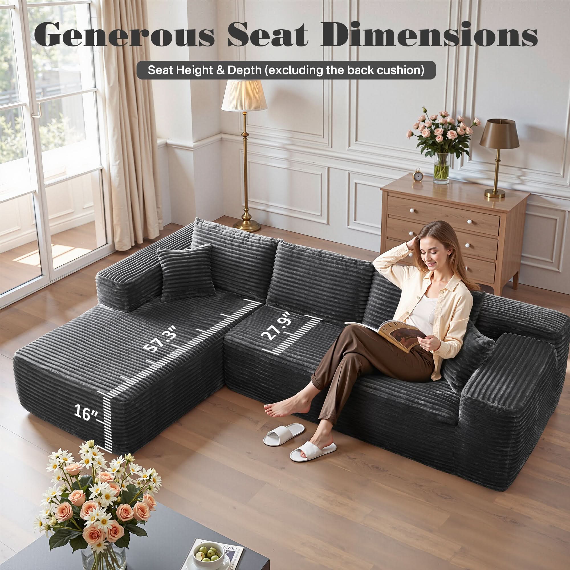 TriVolt 104" L-Shape Modular Couch with Chaise, Plush Corduroy Fabric, No Assembly Required