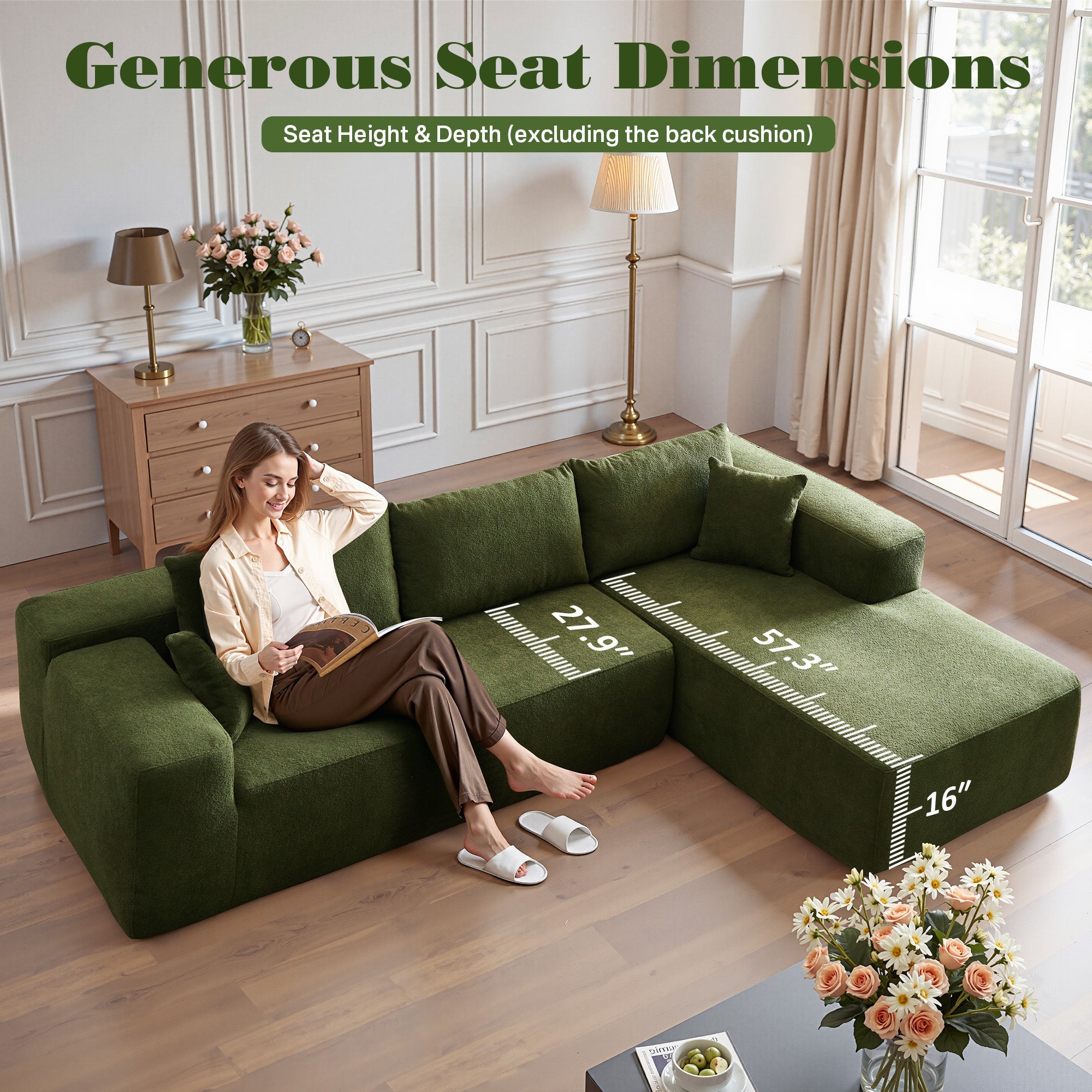 TriVolt 104" L-Shape Modular Couch with Chaise, Plush Corduroy Fabric, No Assembly Required