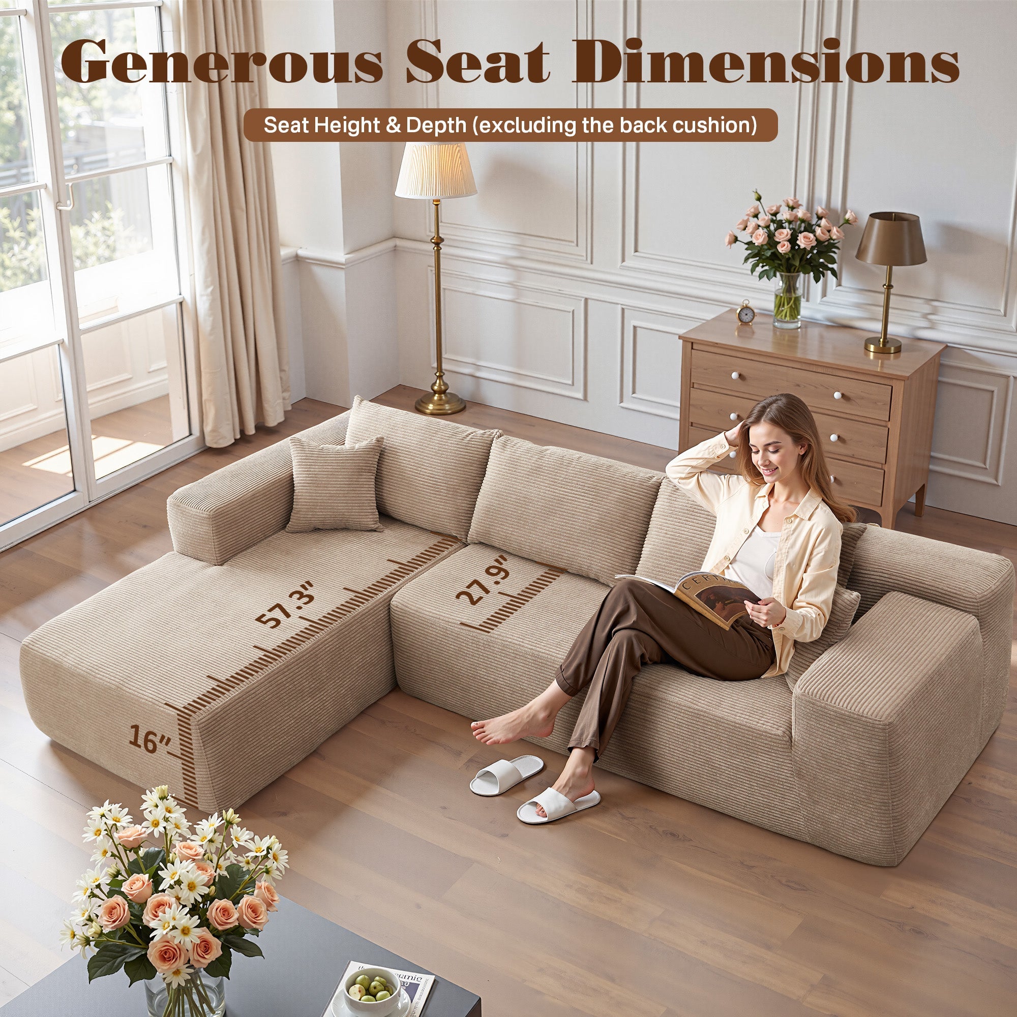 TriVolt 104" L-Shape Modular Couch with Chaise, Plush Corduroy Fabric, No Assembly Required