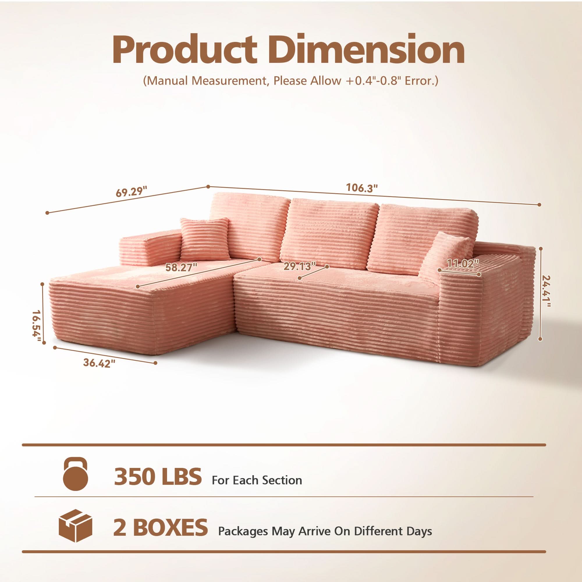 TriVolt 104" L-Shape Modular Couch with Chaise, Plush Corduroy Fabric, No Assembly Required