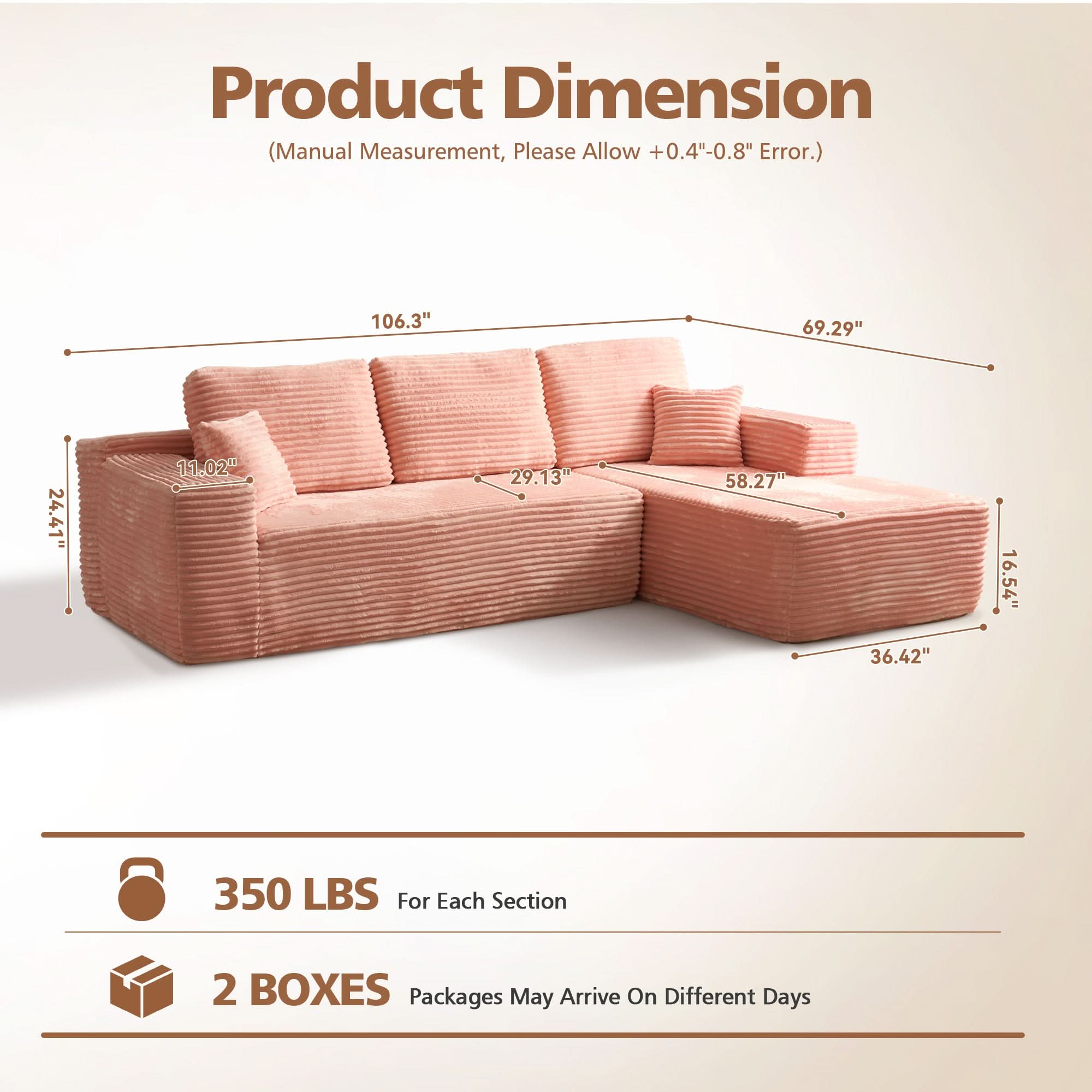 TriVolt 104" L-Shape Modular Couch with Chaise, Plush Corduroy Fabric, No Assembly Required