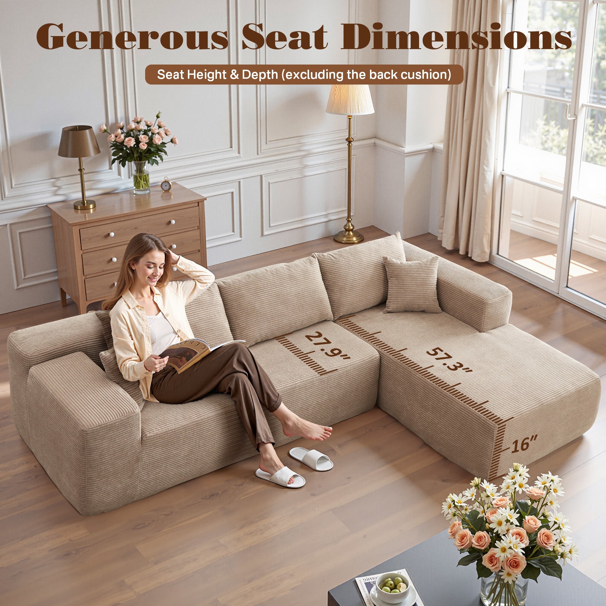 TriVolt 104" L-Shape Modular Couch with Chaise, Plush Corduroy Fabric, No Assembly Required