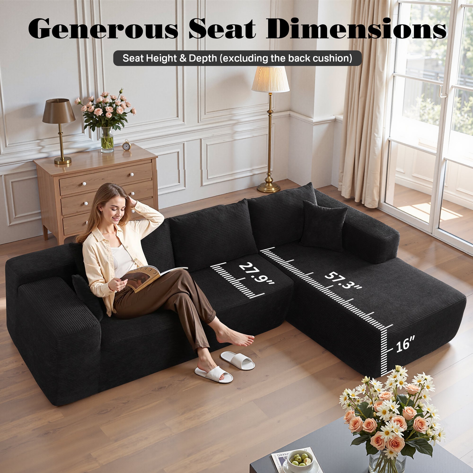 TriVolt 104" L-Shape Modular Couch with Chaise, Plush Corduroy Fabric, No Assembly Required