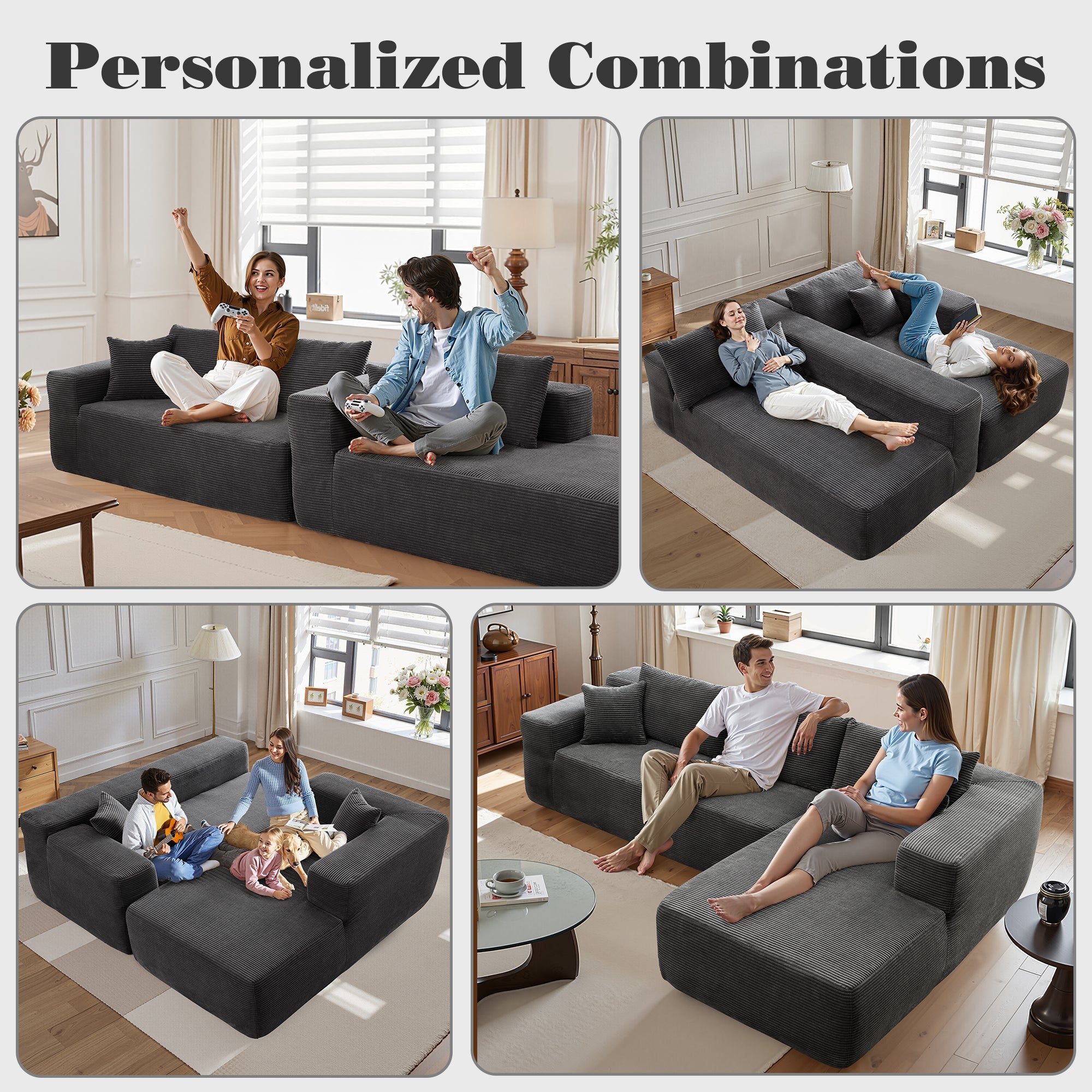 TriVolt 104" L-Shape Modular Couch with Chaise, Plush Corduroy Fabric, No Assembly Required