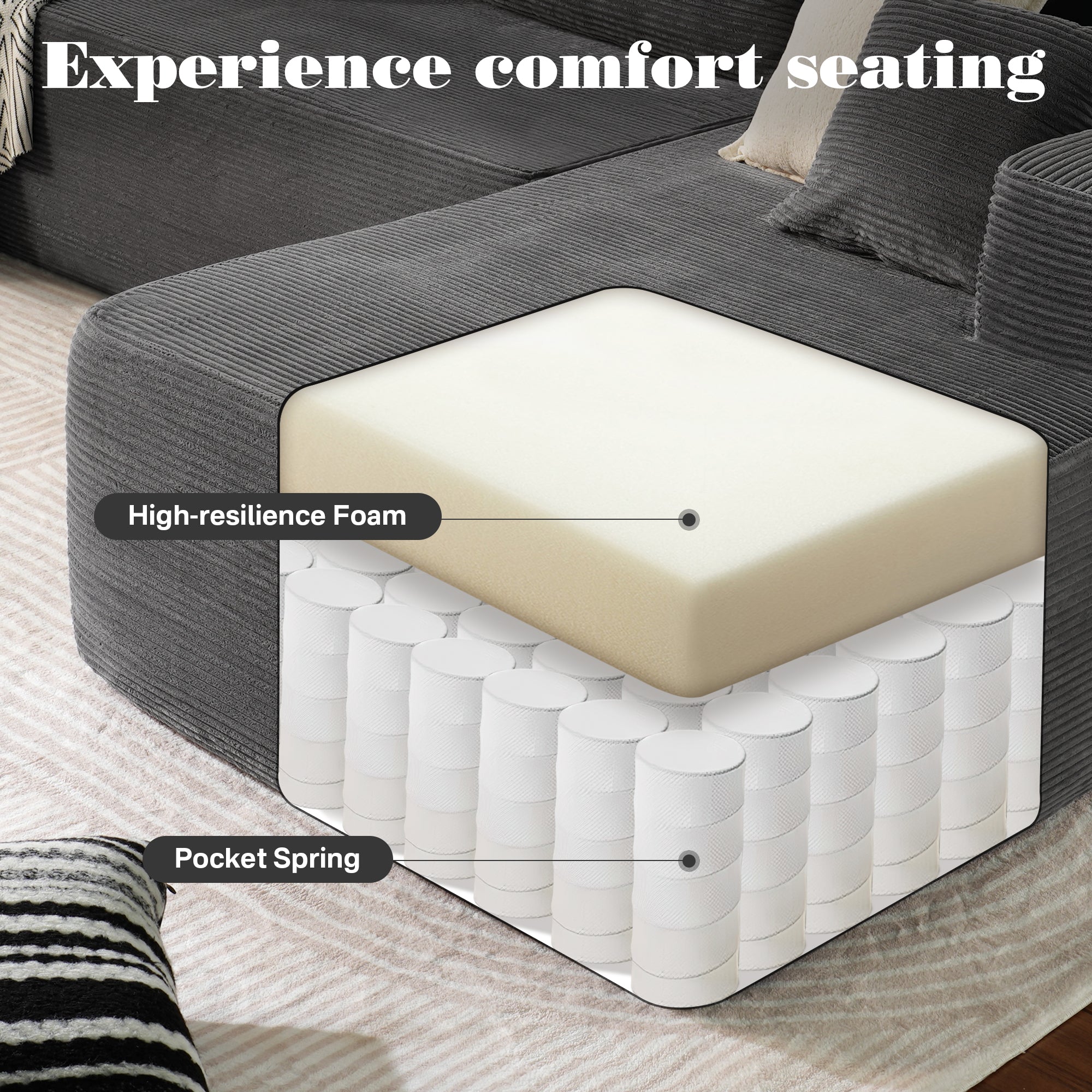 TriVolt 104" L-Shape Modular Couch with Chaise, Plush Corduroy Fabric, No Assembly Required