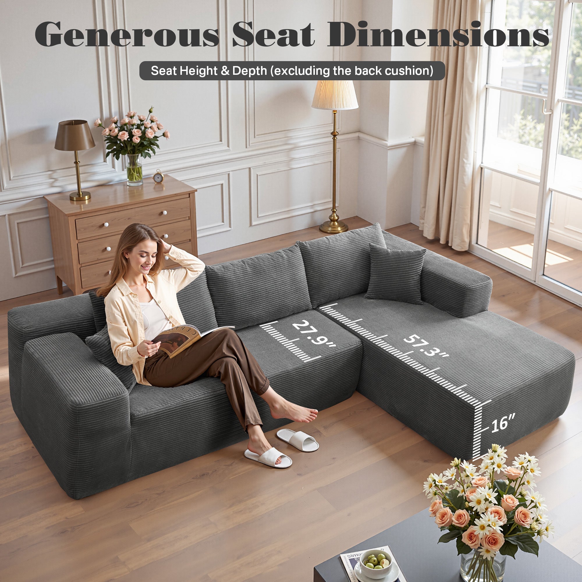 TriVolt 104" L-Shape Modular Couch with Chaise, Plush Corduroy Fabric, No Assembly Required