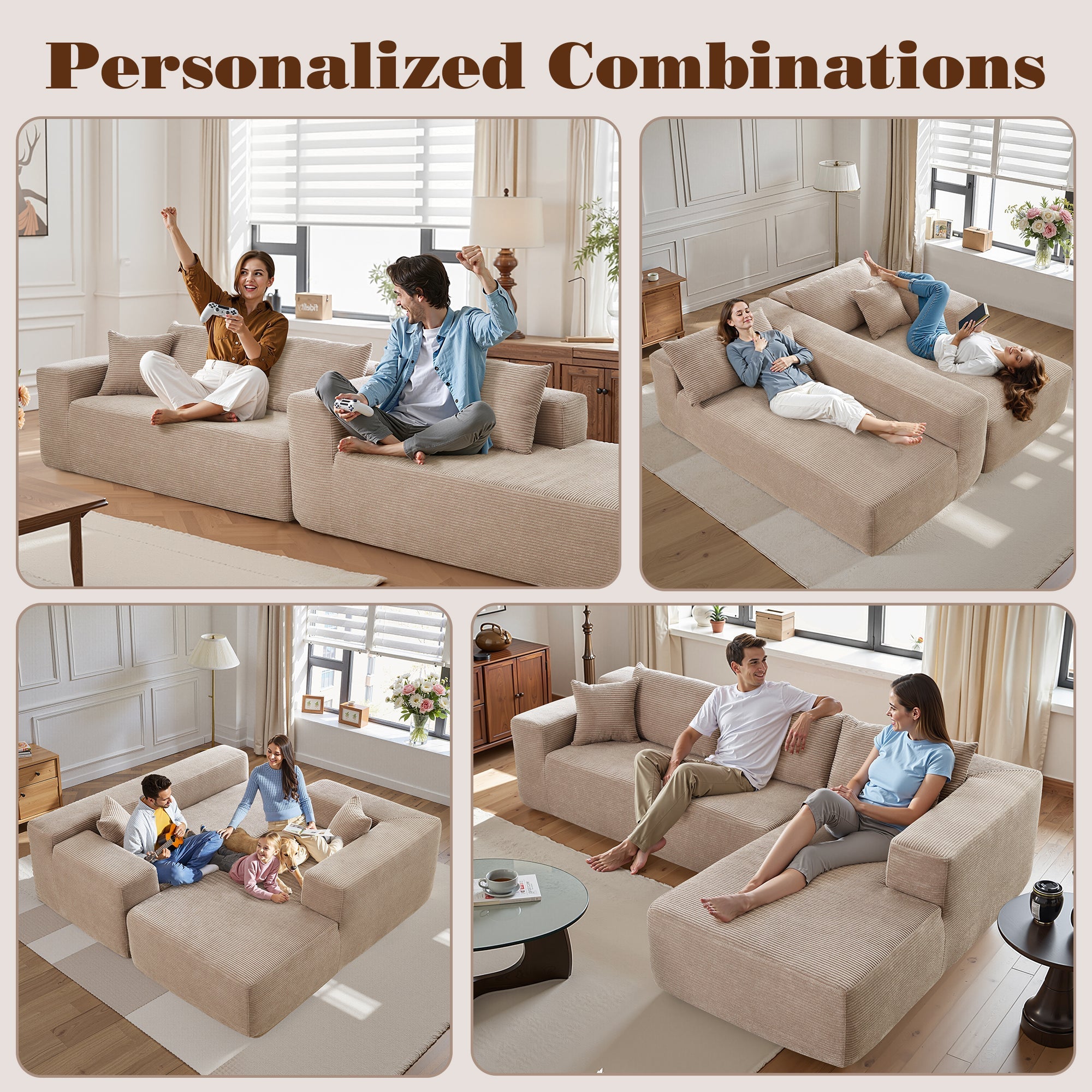 TriVolt 104" L-Shape Modular Couch with Chaise, Plush Corduroy Fabric, No Assembly Required