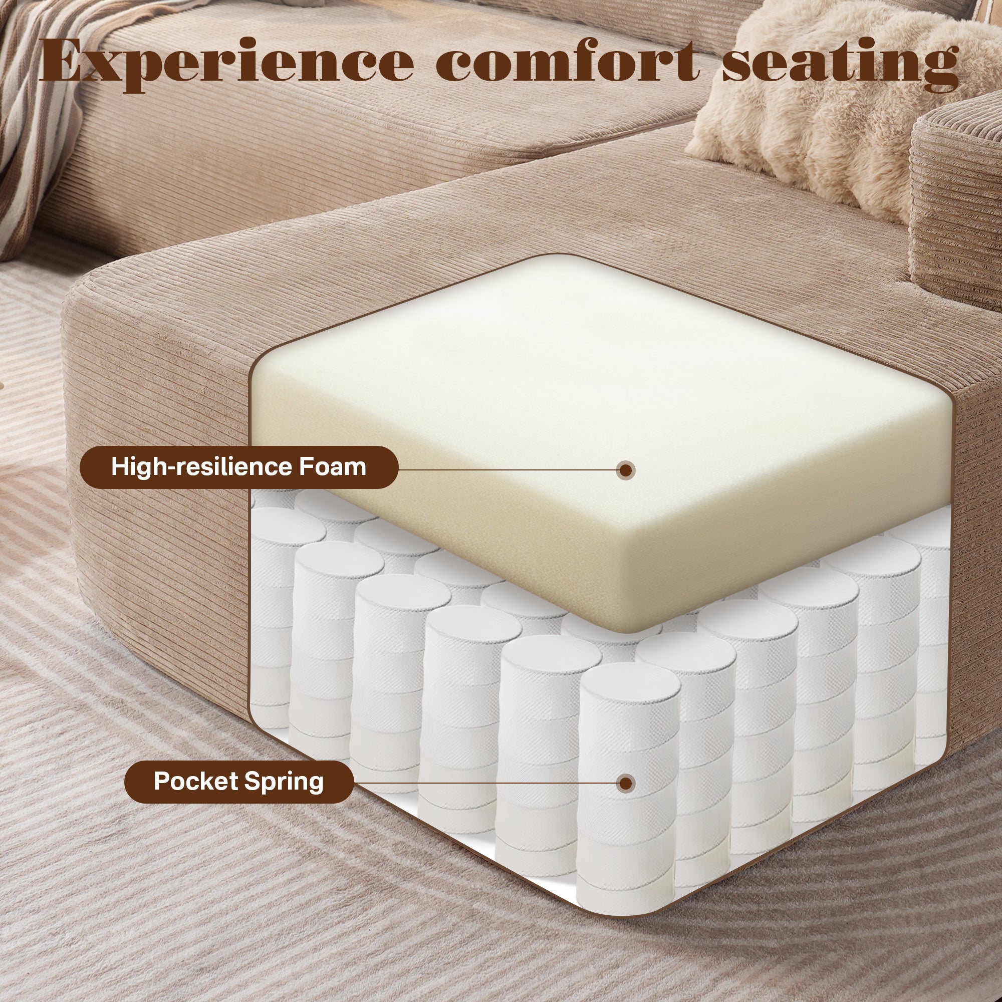 TriVolt 104" L-Shape Modular Couch with Chaise, Plush Corduroy Fabric, No Assembly Required