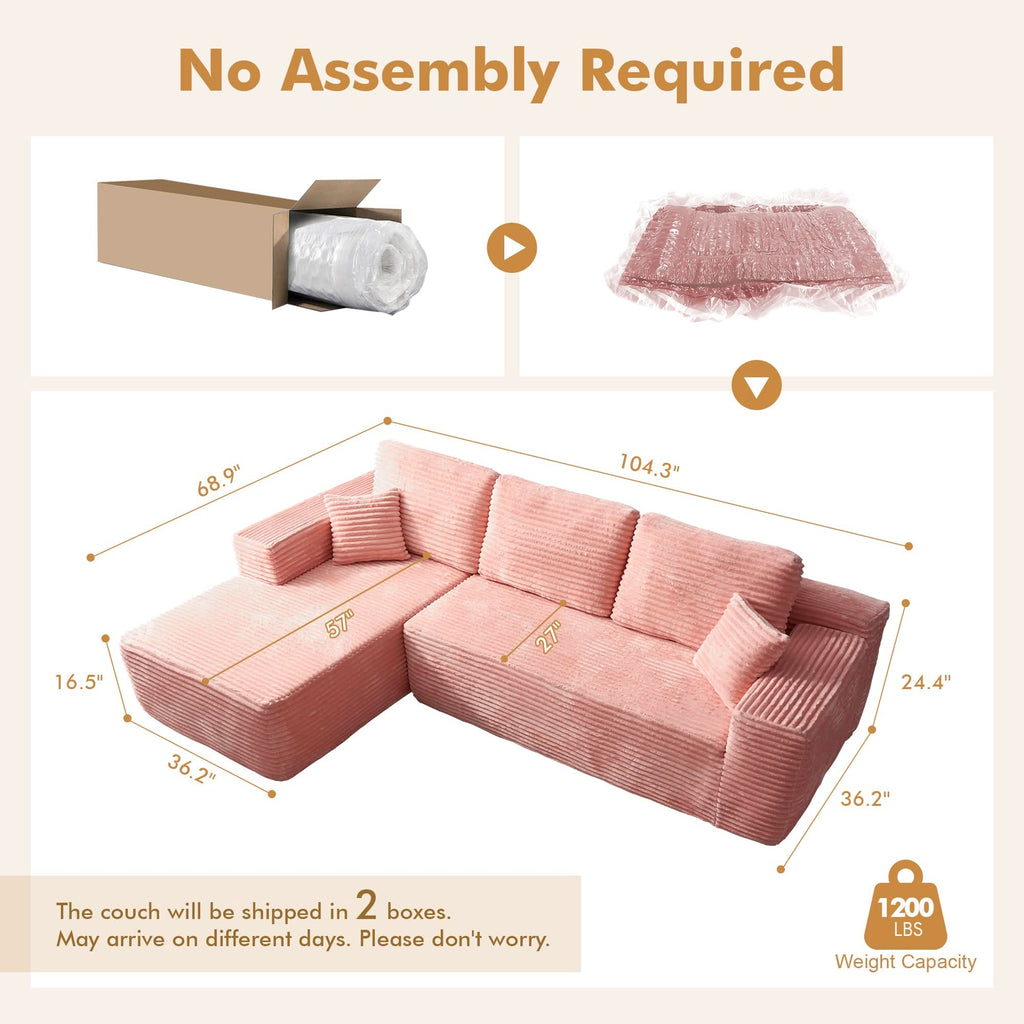 TriVolt 104" L-Shape Modular Couch with Chaise, Plush Corduroy Fabric, No Assembly Required