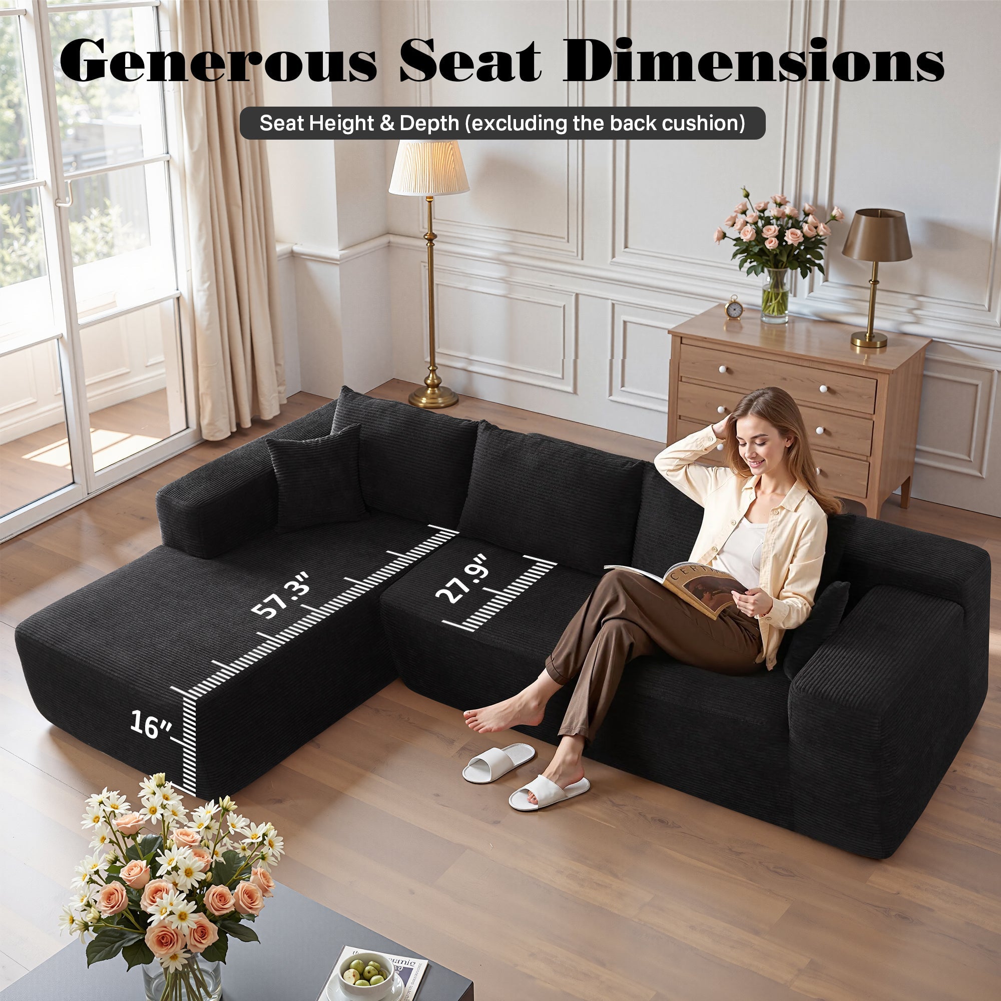 TriVolt 104" L-Shape Modular Couch with Chaise, Plush Corduroy Fabric, No Assembly Required